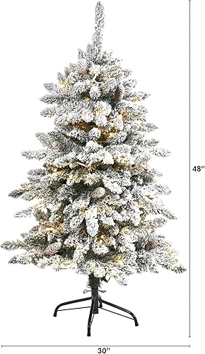 Miniatura 2 de Nearly Natural Árbol de Navidad artificial de abeto Livingston flocado de 4 pies con piñas y 150 luces LED cálidas y transparentes