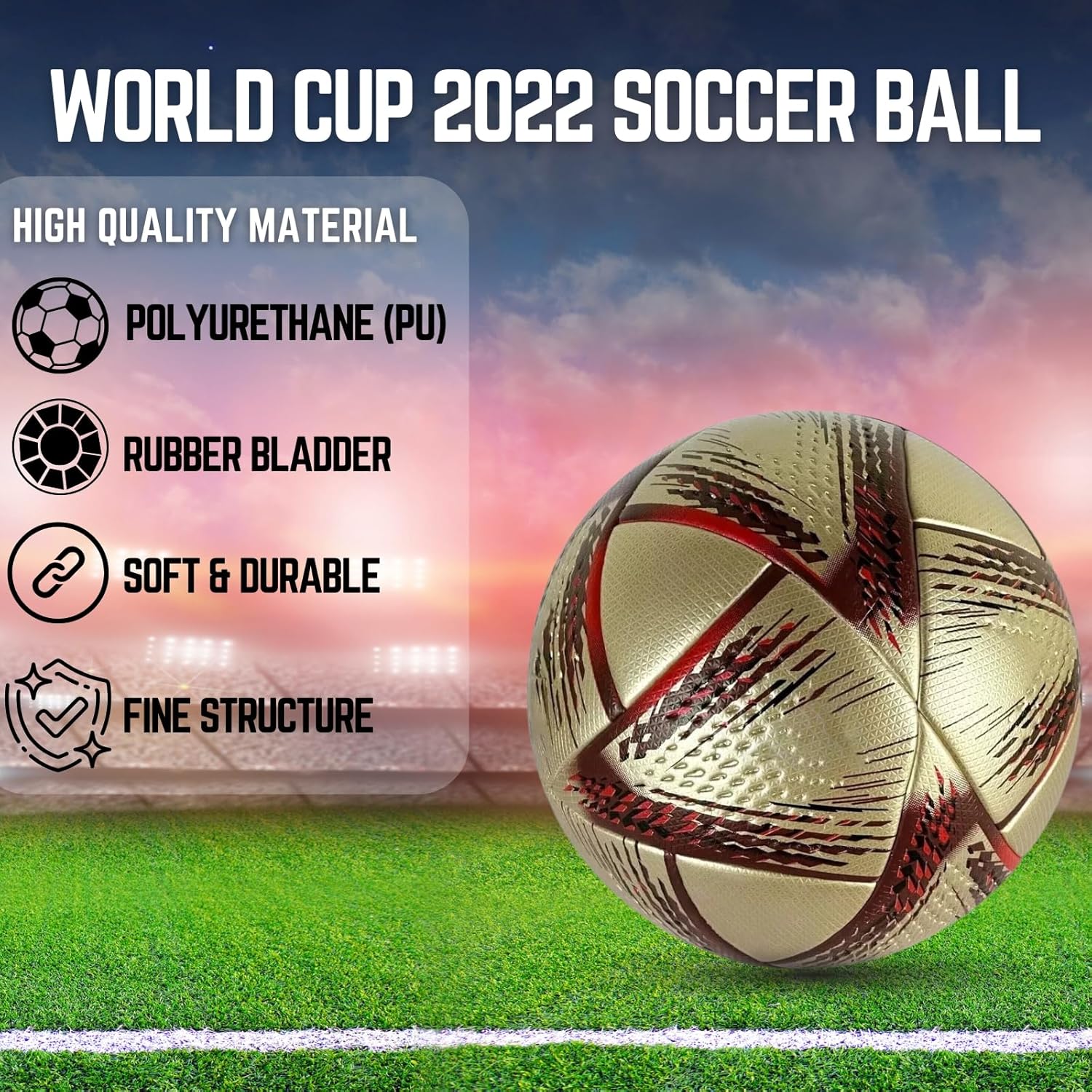 World Cup 2022 Soccer Ball Replica Football Size 5,Final Match Replica Soccer Ball Size 5, 2022 World Cup Soccer Ball Gift for Soccer Fans, Golden 2022 World Cup Soccer Ball for Birthday Gift