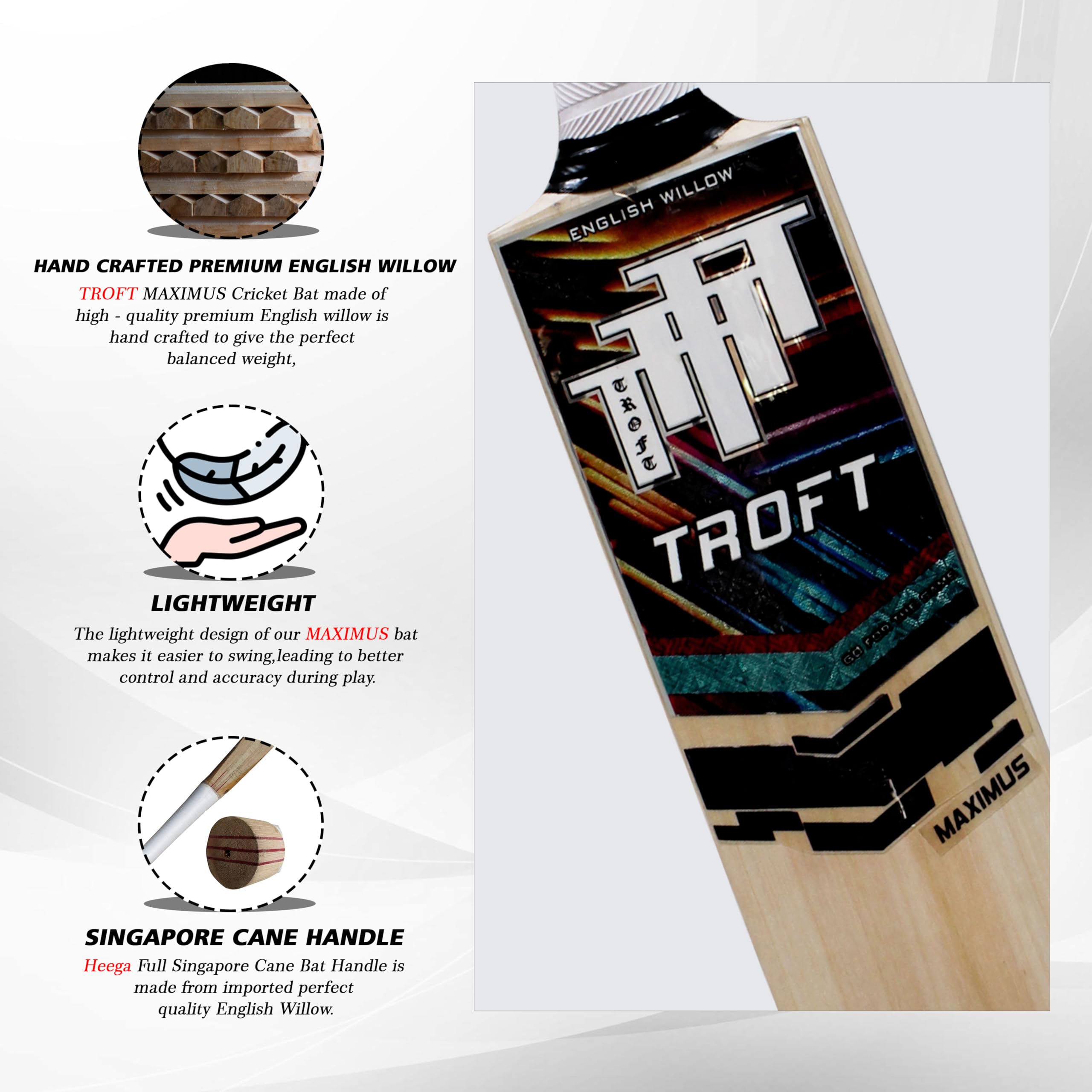 Troft Maximus Grade 1 English Willow Cricket Bat | Premium Grade English Willow Bat with Large Sweet Spot & Thick Edges | Professional Match & Practice Bat (Size SH | 33.5 in)