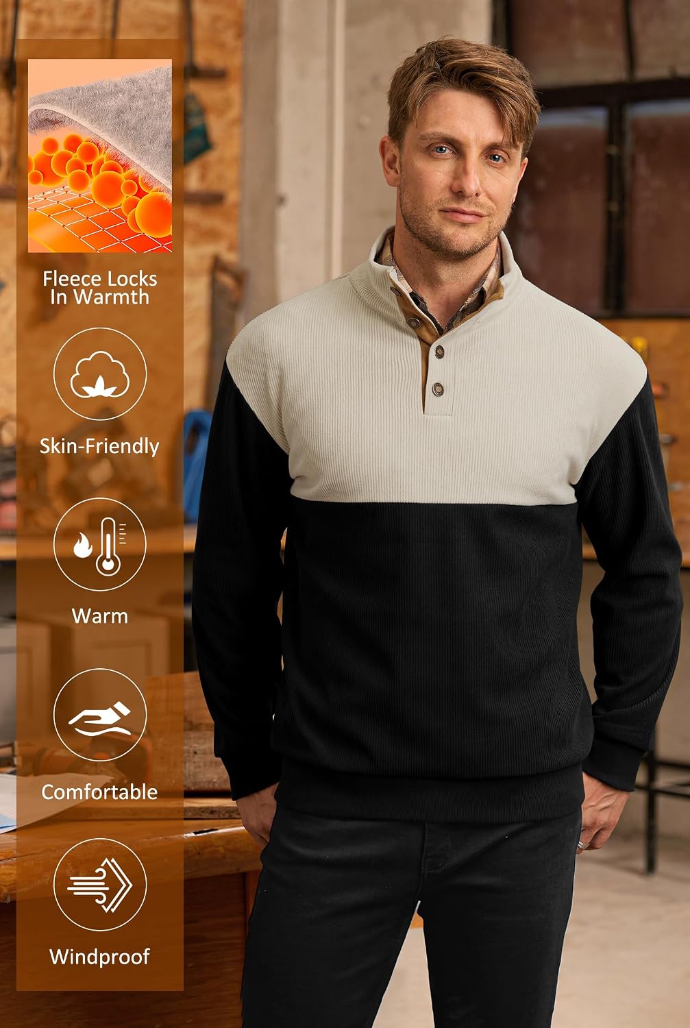 Men's Henley Work Pullover Quilted Patches Sweatshirt 1/4 Button Fashion Fleece Stand Collar Corduroy Retro Shirts Khaki & Black XXL