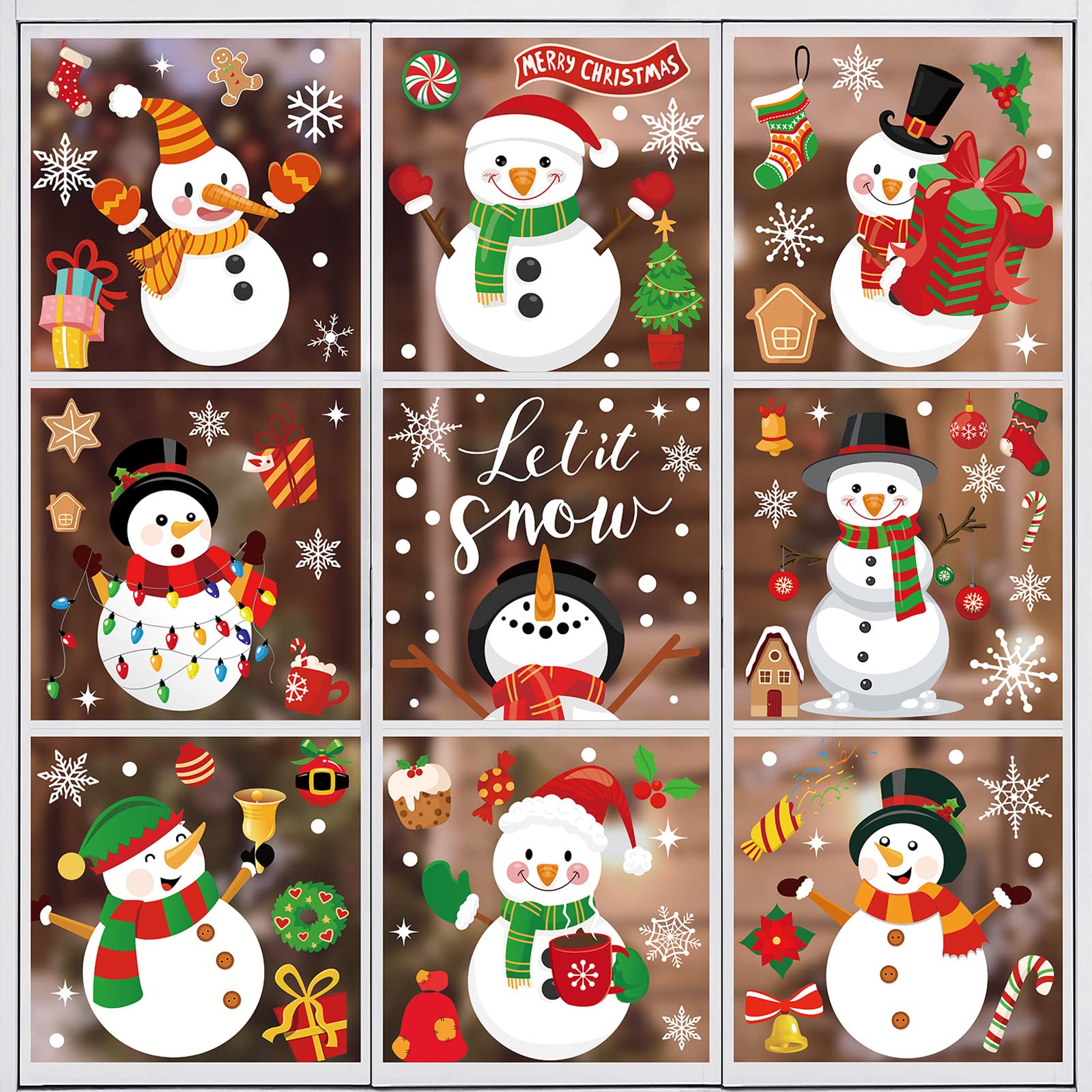 AnyDesign 9 Sheet Christmas Snowman Window Decals Double-Sided Let it Snow Winter Decor for Xmas Holiday Home School Office Decoration Party Supplies