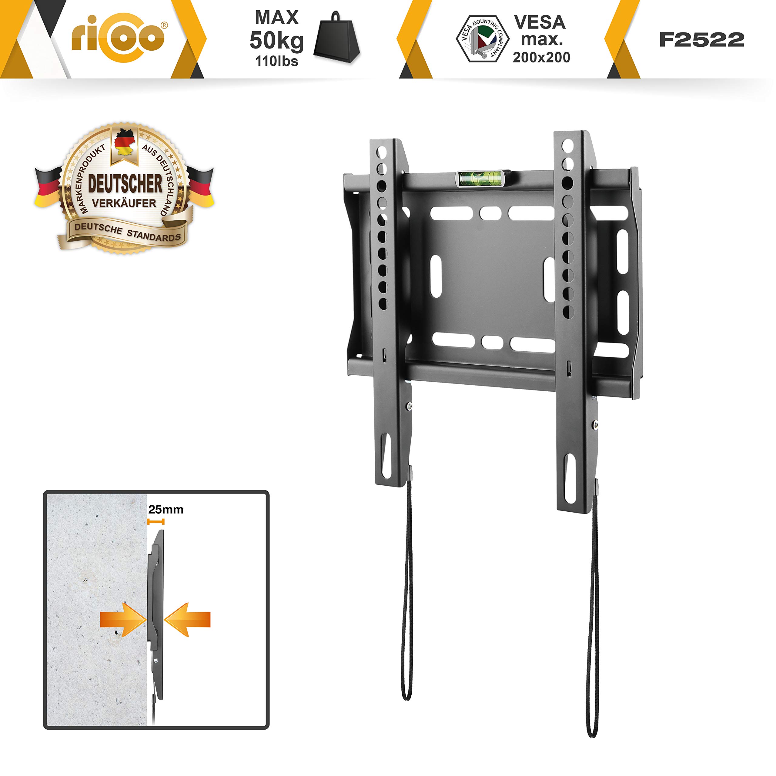 RICOO Supporto TV parete F2522 Fisso Ultra-sottile Televisore 23-42" (58-107 cm) Staffa universale Televisione LED/LCD/Curvo VESA 100 x 100-200 x 200