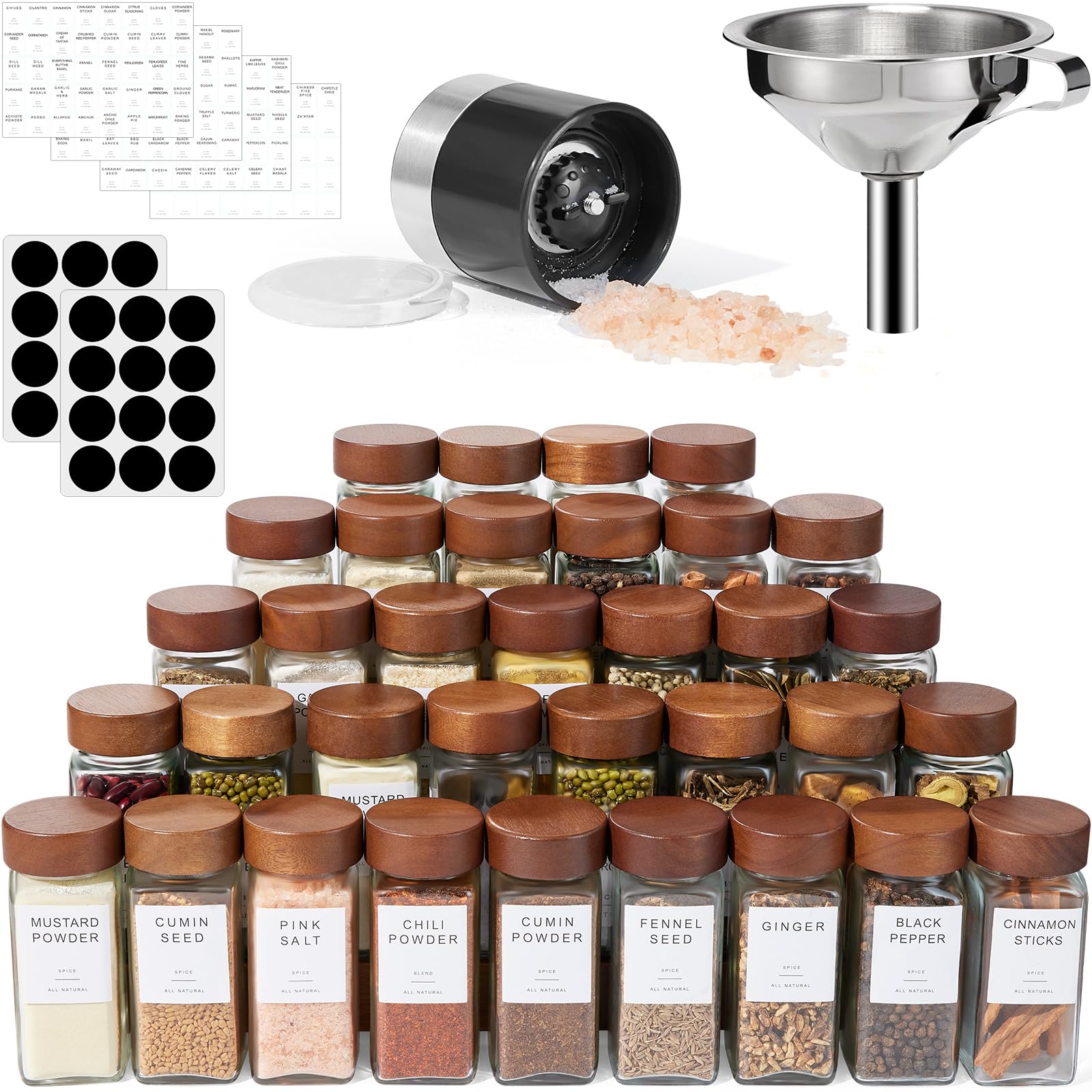 Yangbaga 34PCS Spice Jar with Wooden Lid-Glass Jars With Wooden Lids with Shaker Lids