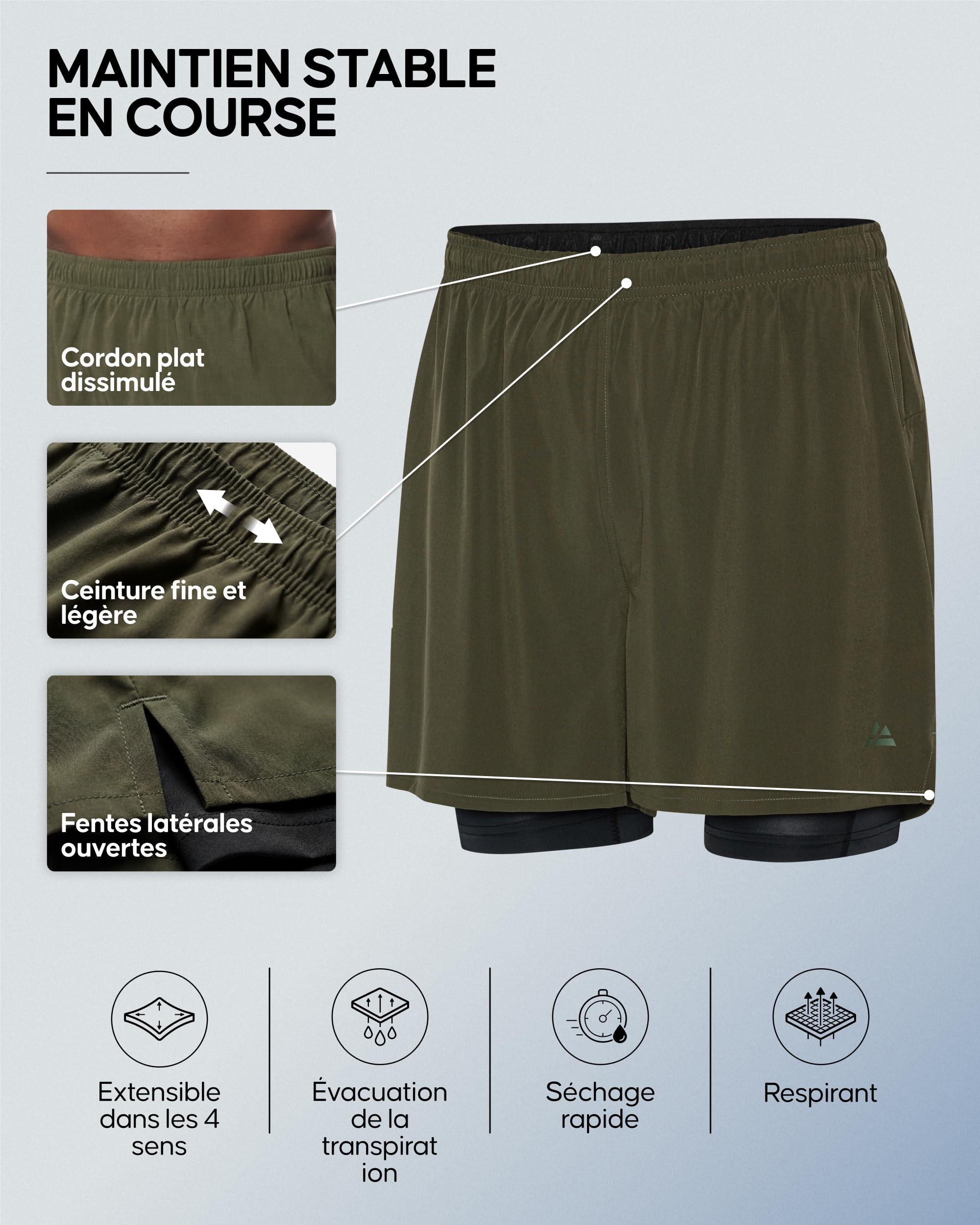 DANISH ENDURANCE Short de Running 2-en-1 Homme, Doublure de Soutien | Short de Course 2-en-1, Doublure de Soutien Anti-Frottement, Séchage Rapide, Poches Anti-Rebond, pour Course et Sport