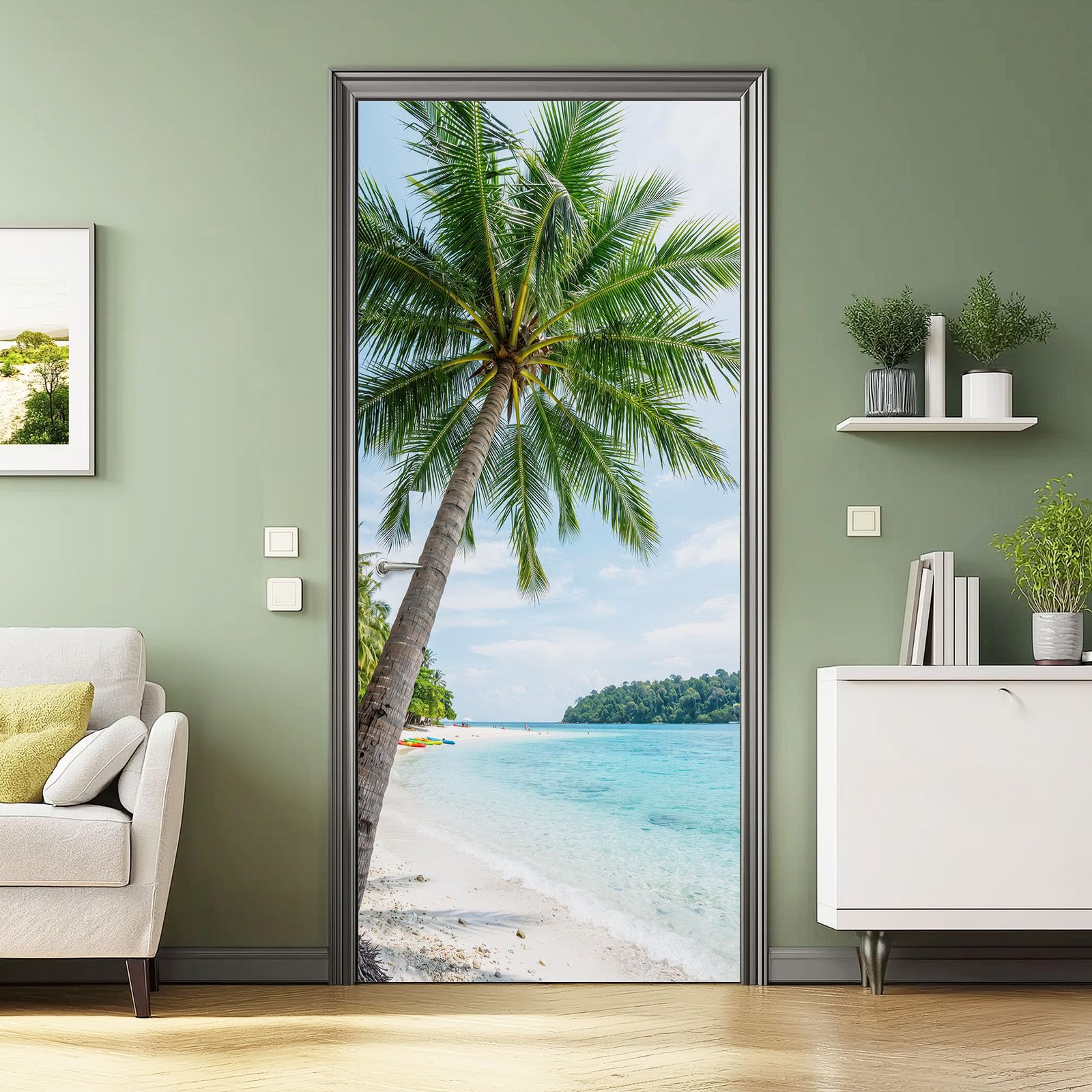 Naturaleza paisaje de playa 3D autoadhesivo para puerta 90 x 200 cm - vinilo para puerta papel pintado pared pared olas tropicales diseño palmeras póster extraíble decoración para dormitorio sala de
