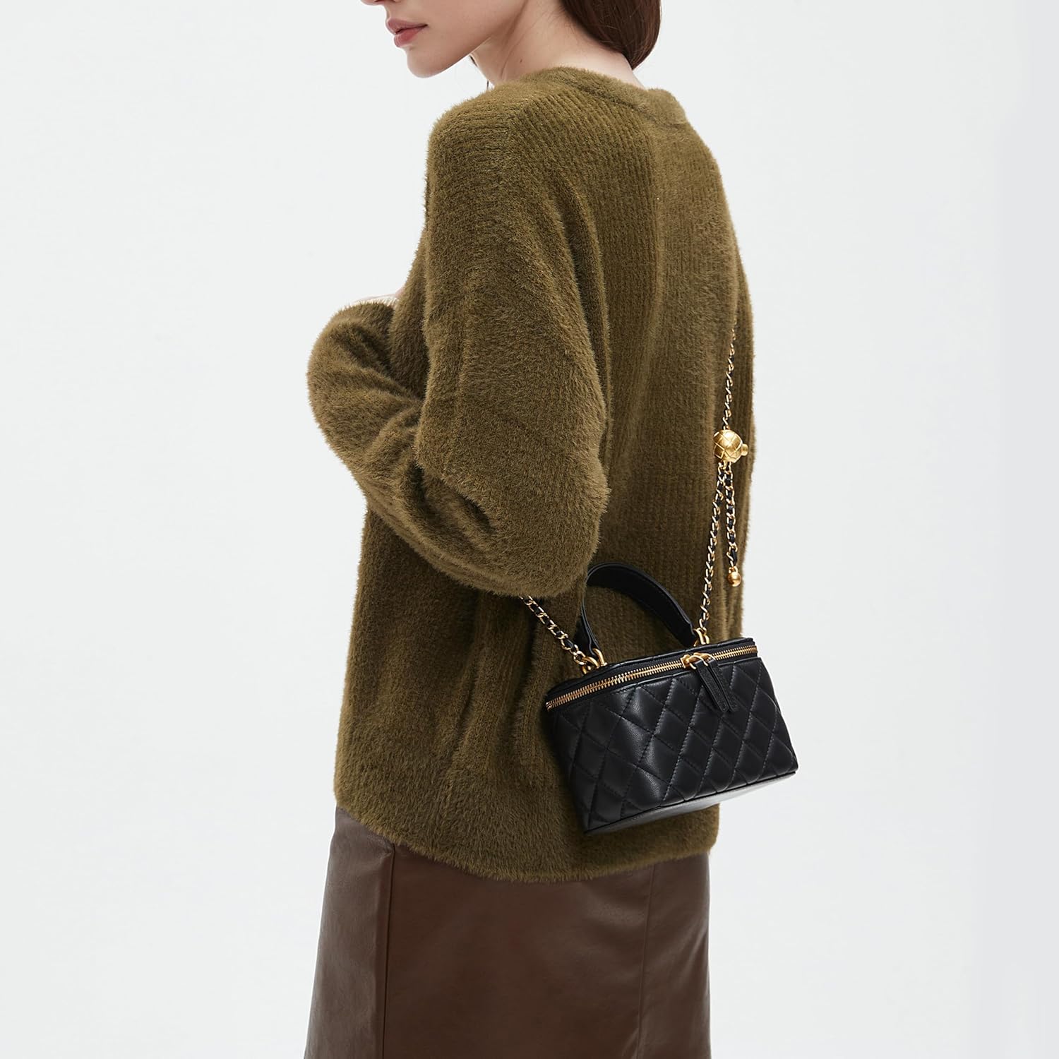 DORIS&JACKY Small Quilted Box Crossbody Purse For Women Designer Leather Mini Top Handle Pouch Bag With Metal Chain Strap - Image 2