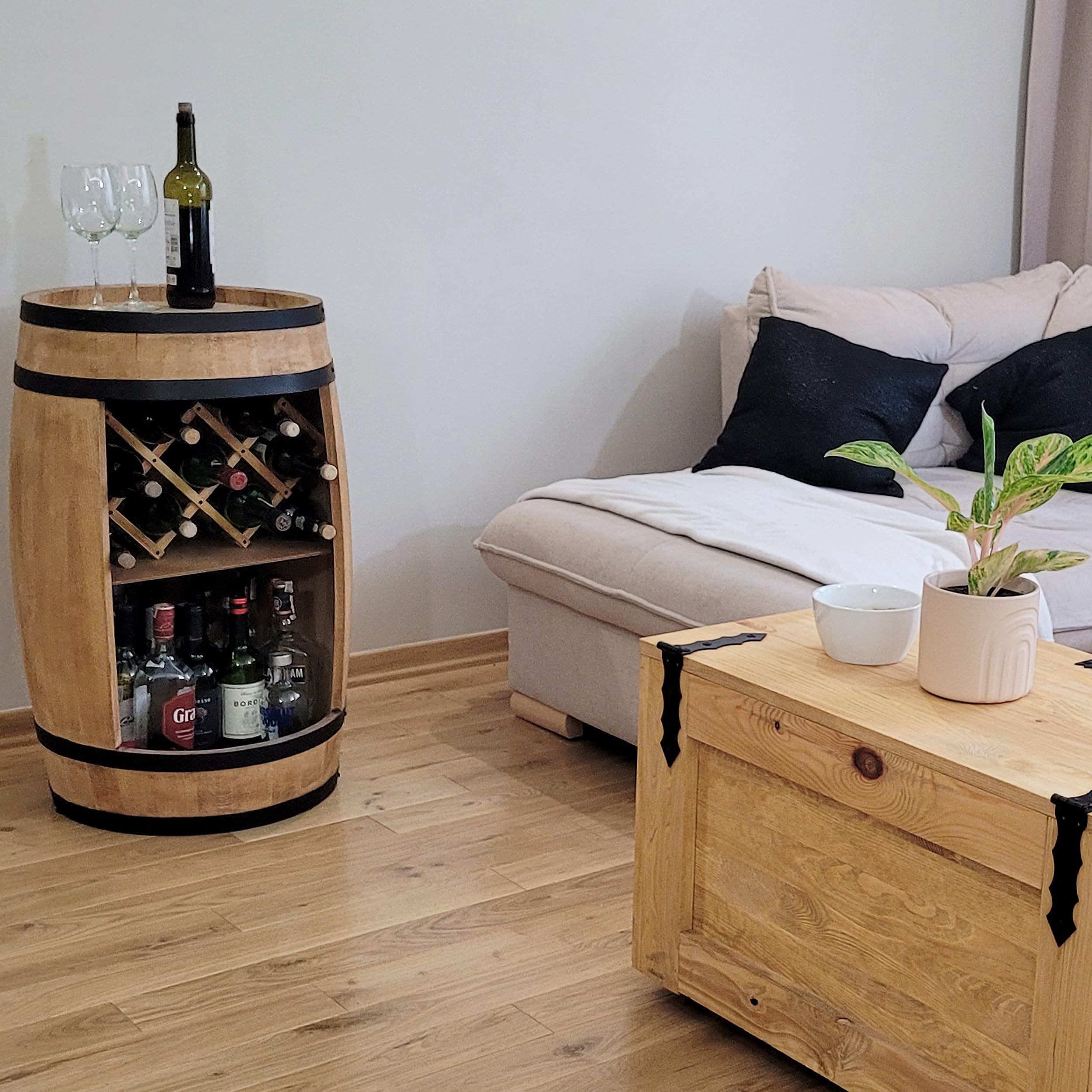 weeco Barilotto in legno da 80x50cm per soggiorno, Minibar, Bar da parete, Barile in legno, Botte da collezione per bottiglie, Scaffale per bottiglie per vino, Cantinetta per Cucina, Portabottiglie