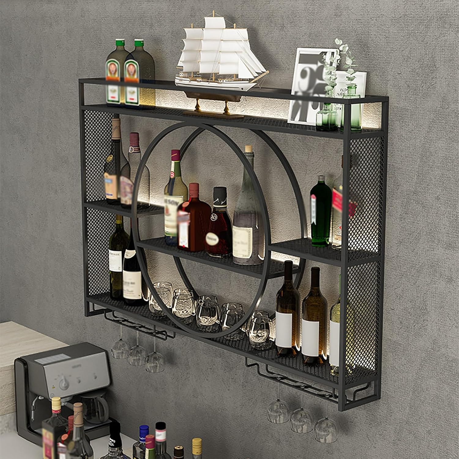 Porte Bouteille Mural, MéTal Etagere Vin avec Porte-Verre, Moderne Flottantes en Casier à Bouteilles, Polyvalentes EtagèRe Murale, Casier à Vin pour Cuisines Salle à Manger Bar (Noir,100x15x80cm)