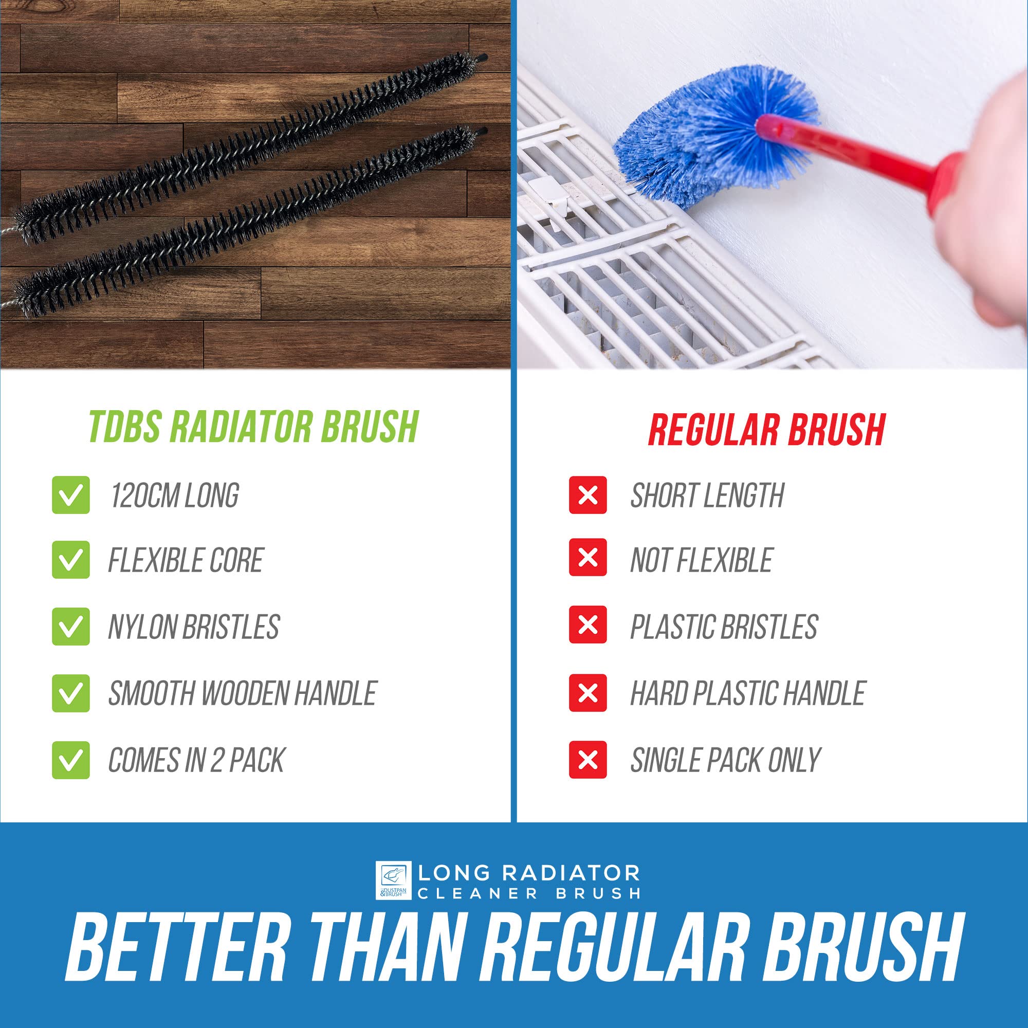 Lot de 2 brosses de nettoyage pour radiateur, 120 cm de long et flexible avec manche en bois, pour nettoyer les évents et les peluches qui obtiennent des espaces étroits