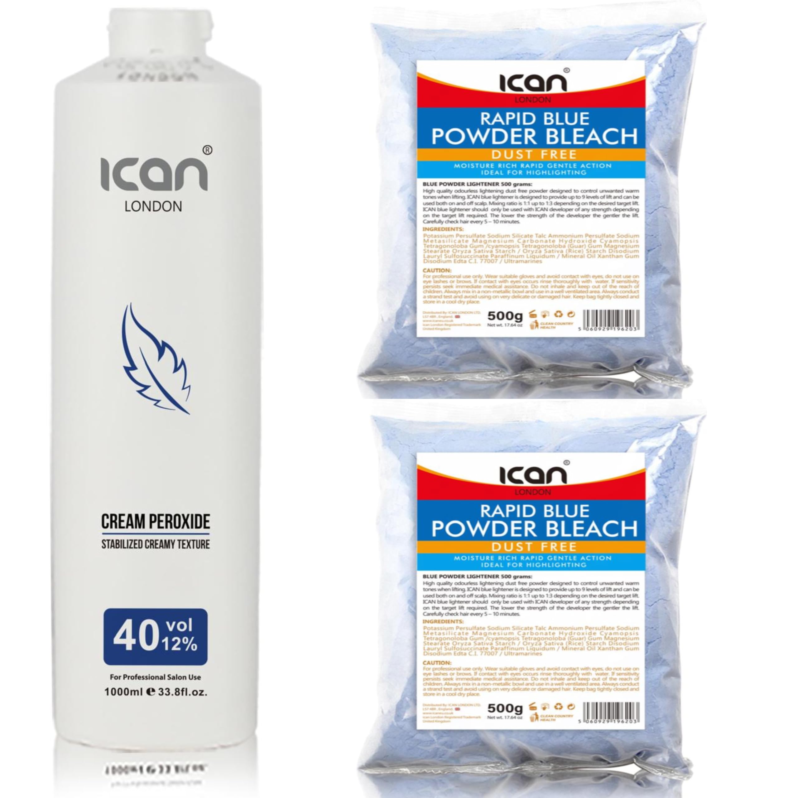 ICAN LONDON Professional Cream Peroxide, 40 Vol 12%, 1000 ml + Rapid Blue Powder Bleach, 2 x 500 g (1 kg) Combo Set