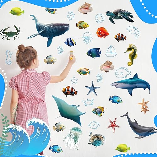 Miniatura 4 de Fulmoon 62 piezas de recortes de peces tropicales de animales del océano para aulas, decoración de tablón de anuncios, tiburones, ballenas,