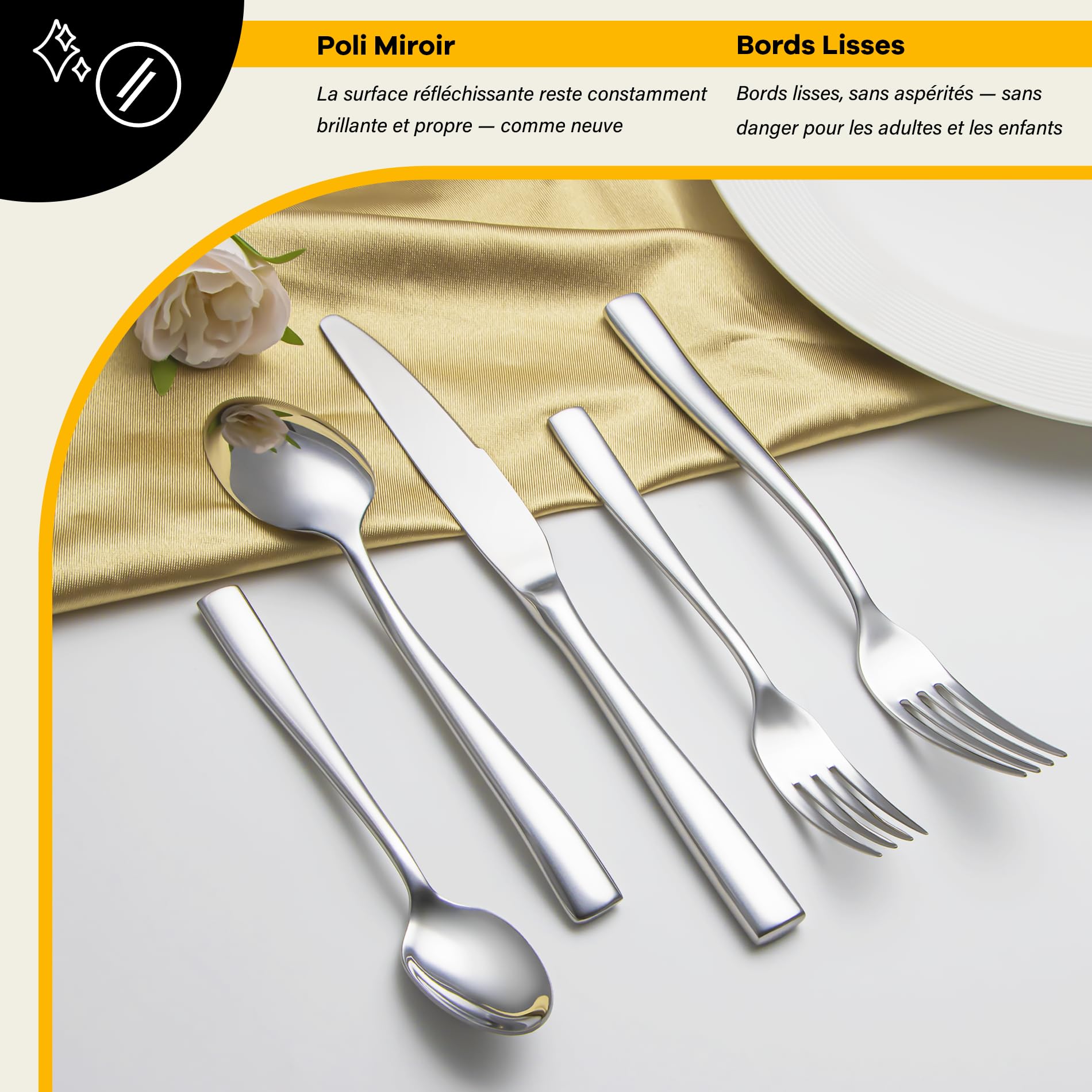 Set de Couverts Lourd 6 Personnes, 30 Pièces en Acier Inoxydable, Couverts de Table Élégants Couteau Fourchette Cuillère, Finition Brillant Poli, Lavable au Lave-Vaisselle