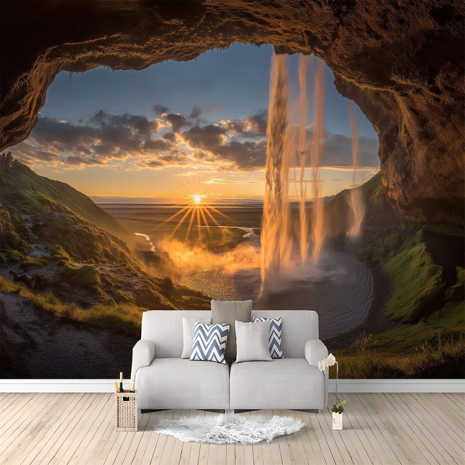 Photo Wallpaper Nature Scenic Sunset Waterfall Lake 250 x 175 cm Non-Woven Decor Wall Paper, for Bedroom Lounge Office & Studio Wallcovering Decoration wallcovering Poster, Orange