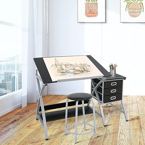 Miniatura 2 de Mesa de dibujo, escritorio de dibujo, mesa ajustable para manualidades con 3 cajones deslizantes y taburete, estación de trabajo de diseño artístico