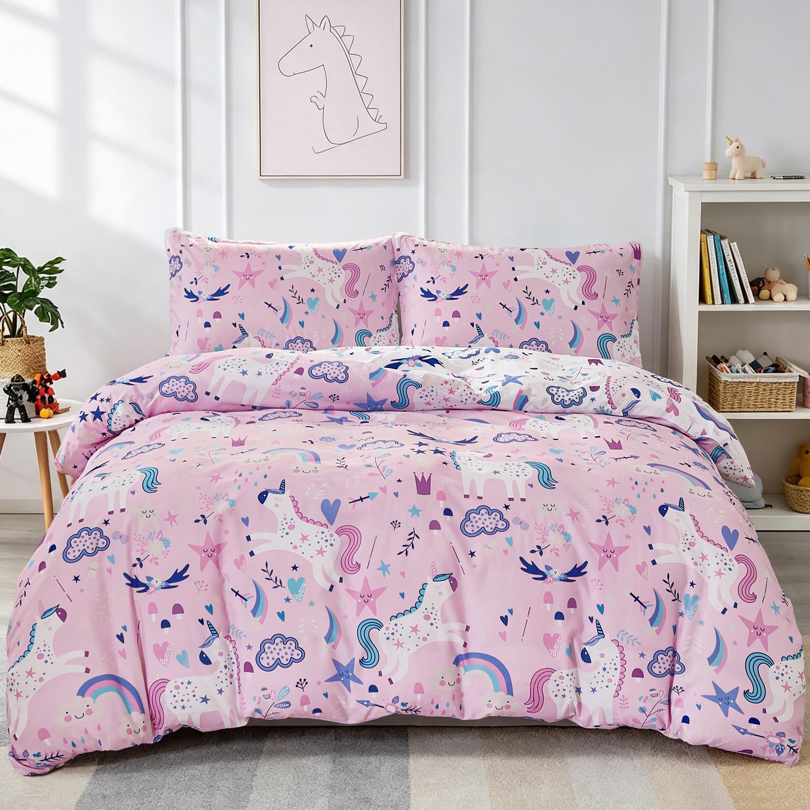 Children Kids Bedding Set Single,Pink Unicorn Duvet Cover Sets for Girls,Soft Microfiber Duvet Cover with 1 Pillowcases for All Seasons 135x200 cm