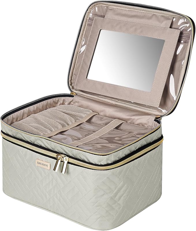 Necessaire de maquiagem BAFAMYE com 2 camadas, espelho e divisórias, Bege