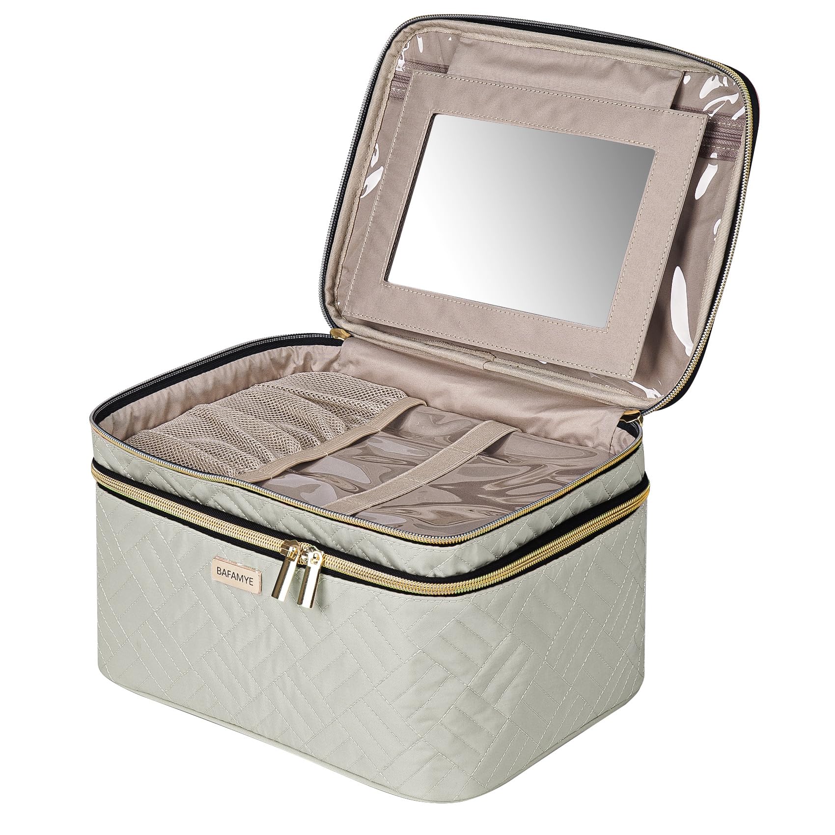 BAFAMYE 8.8L Double Layer Travel Makeup Bag With Mirror For Women, Large Cosmetic Case, Organizer for Travel-Size Accessories Bottles, Brushes,and Skin Care Products, 2.33 GAL, Beige