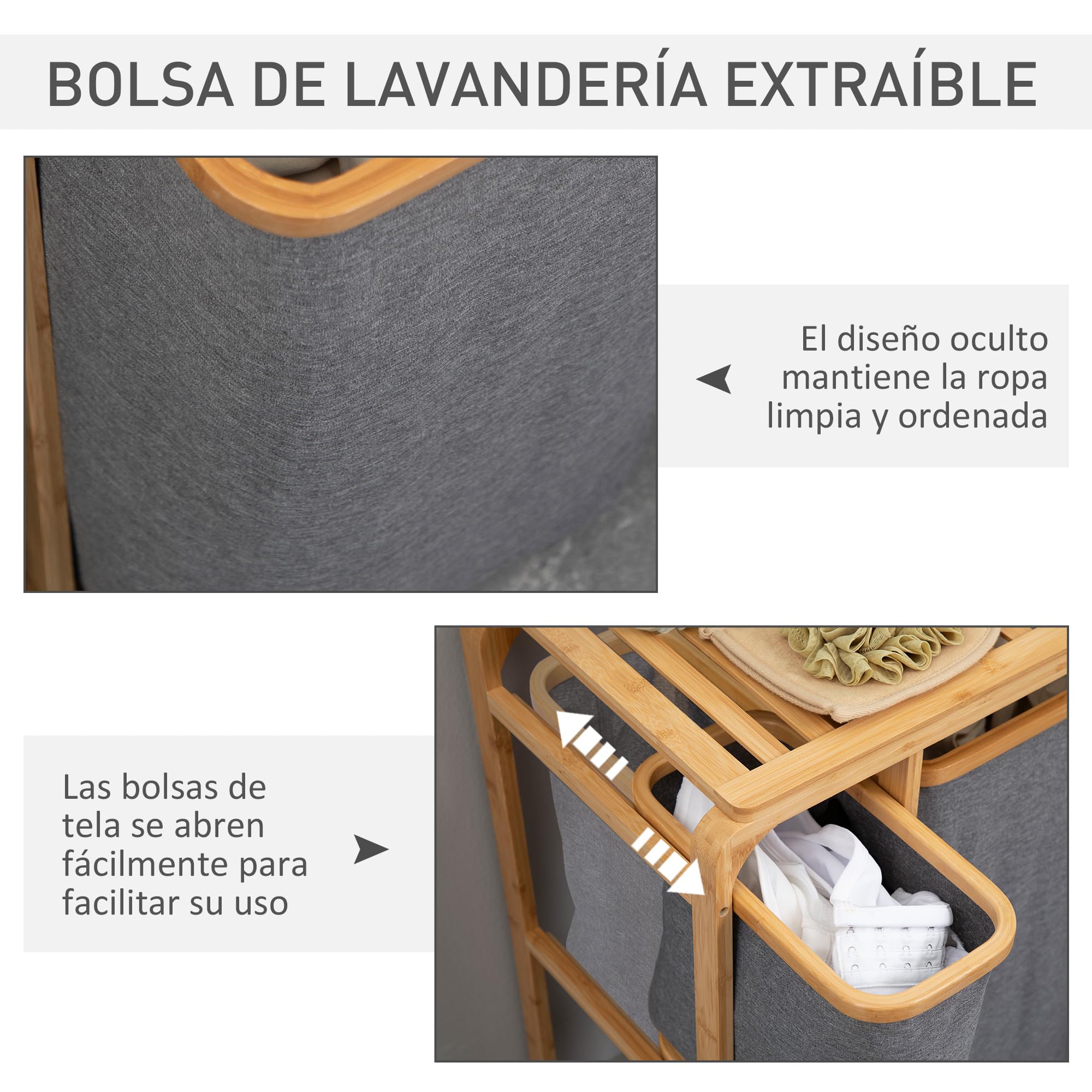 HOMCOM Cesto para Ropa Sucia de Bambú con 3 Bolsas 50x32x69,7 cm Gris | Bolsas de Tela Extraíbles, Estante Abierto, Cesta para la Colada, Baño Dormitorio