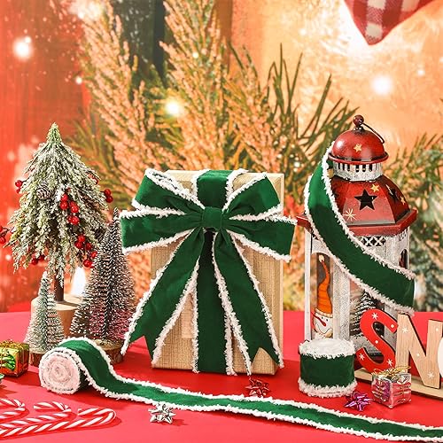 Miniatura 4 de 2 rollos de cintas decorativas de terciopelo navideño, rollos de cintas decorativas para manualidades, tela de tela, cinta de borde de alambre para