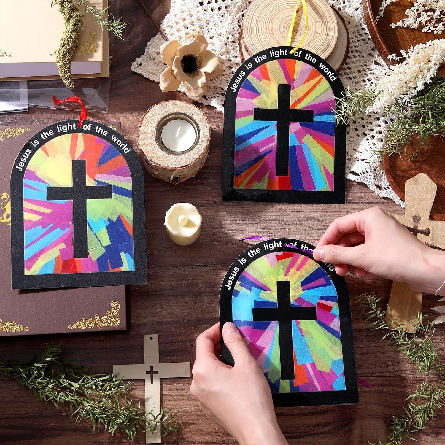 Motipuns 32 Sets 2026 Illumination Station Vbs Crafts, Religious Easter Christian Tissue Paper Stained Glass Kit for Adults, Jesus is the Light of the World DIY Window Art for Sunday School Decor
