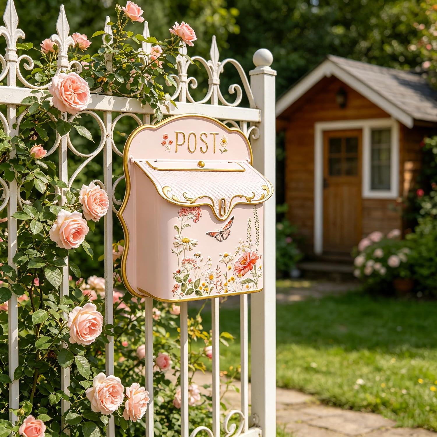 Vintage Floral Wall Mount Mailbox, 12.2" H Pink Metal Post Box with Gold Trim & Butterfly Design, Decorative Outdoor/Indoor Mail Holder for Porch, Entryway & Garden Decor