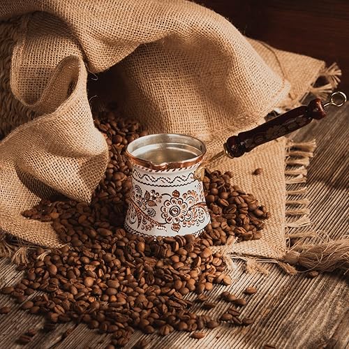 Miniatura 4 de GOLDEN HORN Cezve Ibrik - Cafetera turca de cobre martillada grabada de 10 onzas con mango de madera, cafetera árabe pintada, cafetera griega Briki,