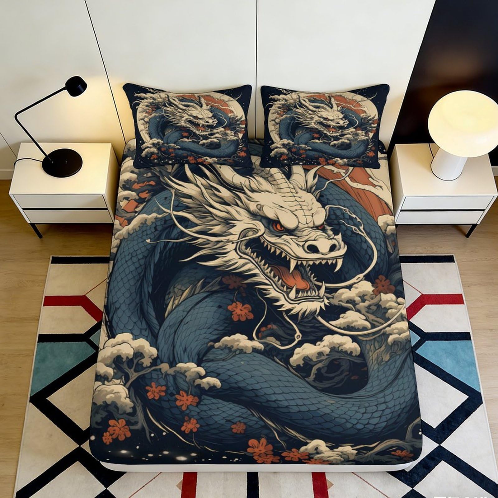 Pnayamiorkfel Style-1 3D Printed Blue Dragon Fitted Sheet Microfiber Soft Breathable Cloud Floral Bed Cover For Bedroom Dorm Mattress Protection Decor 90X200x25cm