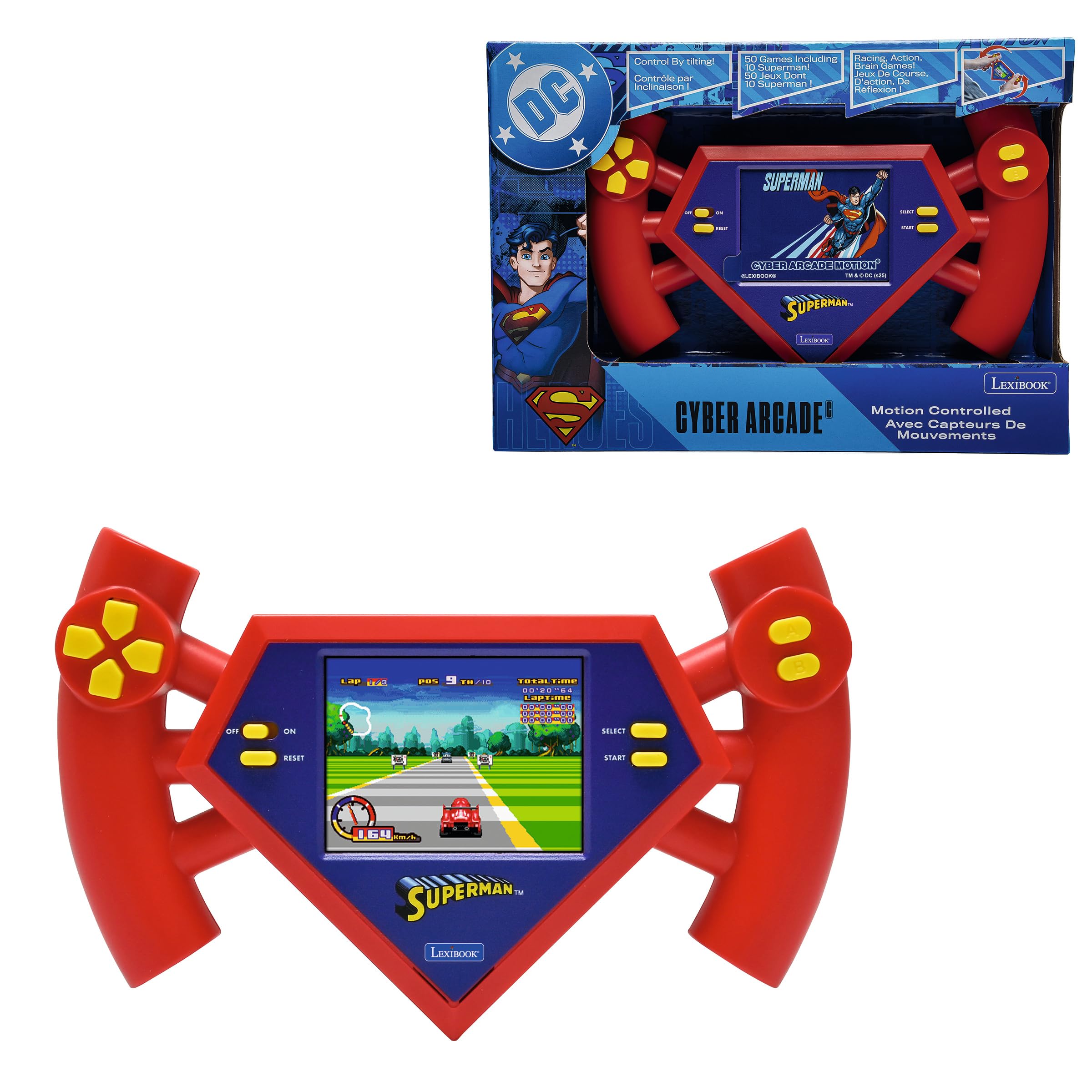 Lexibook, Superman, Consola Superman Cyber Arcade compacta y portátil, 50 Juegos, Pantalla LCD en Color, alimentación por Pilas, JL3180SU