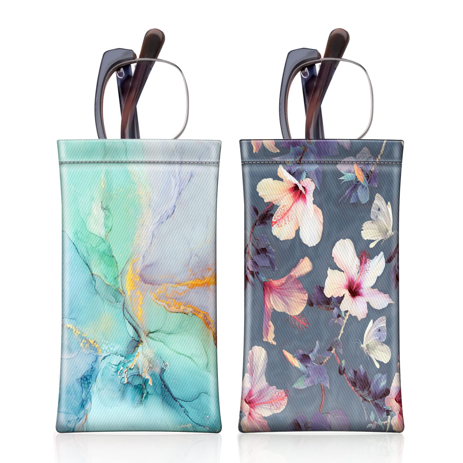 [2 Pack] Fintie Eyeglasses Pouch with Cleaning Cloth, Portable Squeeze Top Leather Glasses Case Sunglasses Bag, Emerald Marble + Blooming Hibiscus, Medium