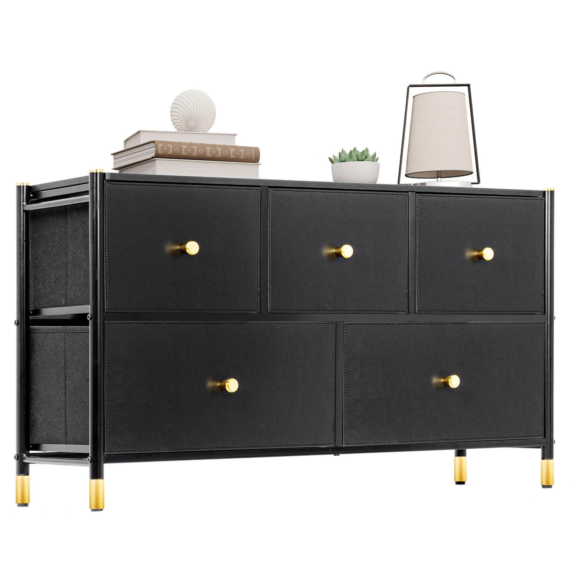 FLYJOE TV Stand Dresser for Bedroom with 5 PU Leather Front Drawers, Wide Chest of Drawers, Storage Organizer Unit for Closet, Living Room, Hallway, Nursery, Black