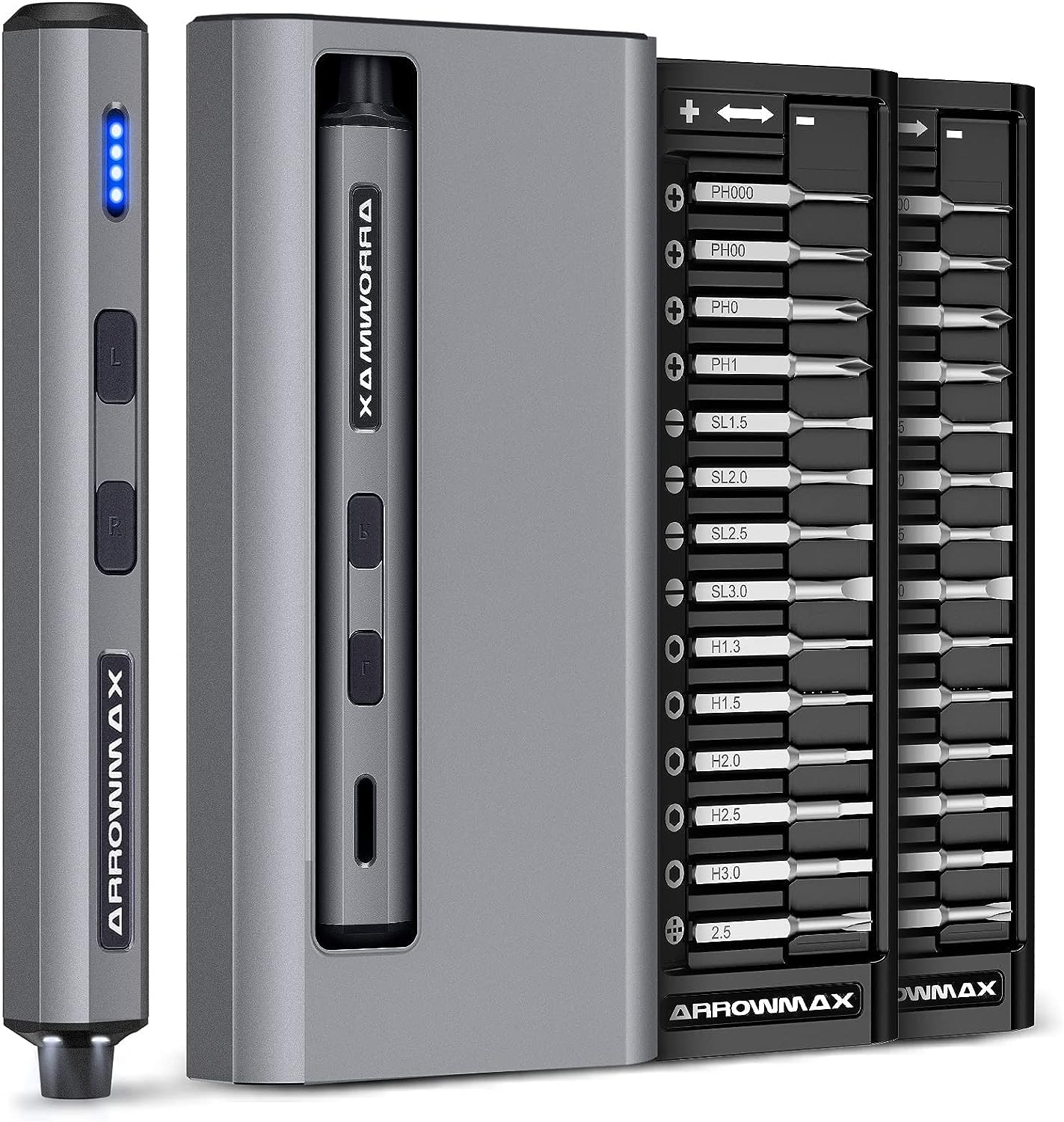 AM ARROWMAX Mini Electric Screwdriver, Precision Screwdriver Set w/ 28 Magnetic Bits, Red Dot, IF Winning Design, Rechargeable Cordless Screwdriver for Phone, Laptop, Watch, RC(SES MINI) Grey