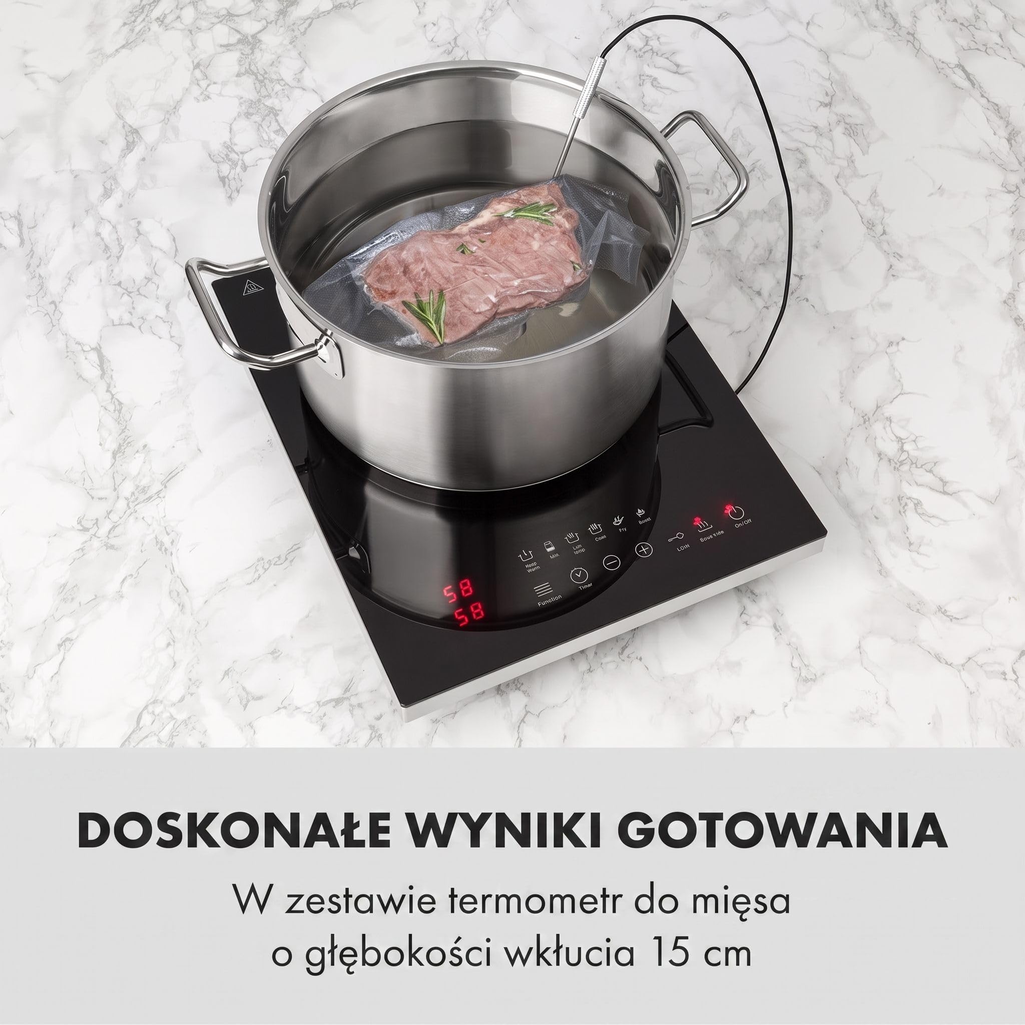 Klarstein Cook n Roll Plaque de cuisson à induction avec thermomètre Noir 2000 W Ø 26 cm 10 niveaux de température 6 programmes, fonction SousVide, HeatControl