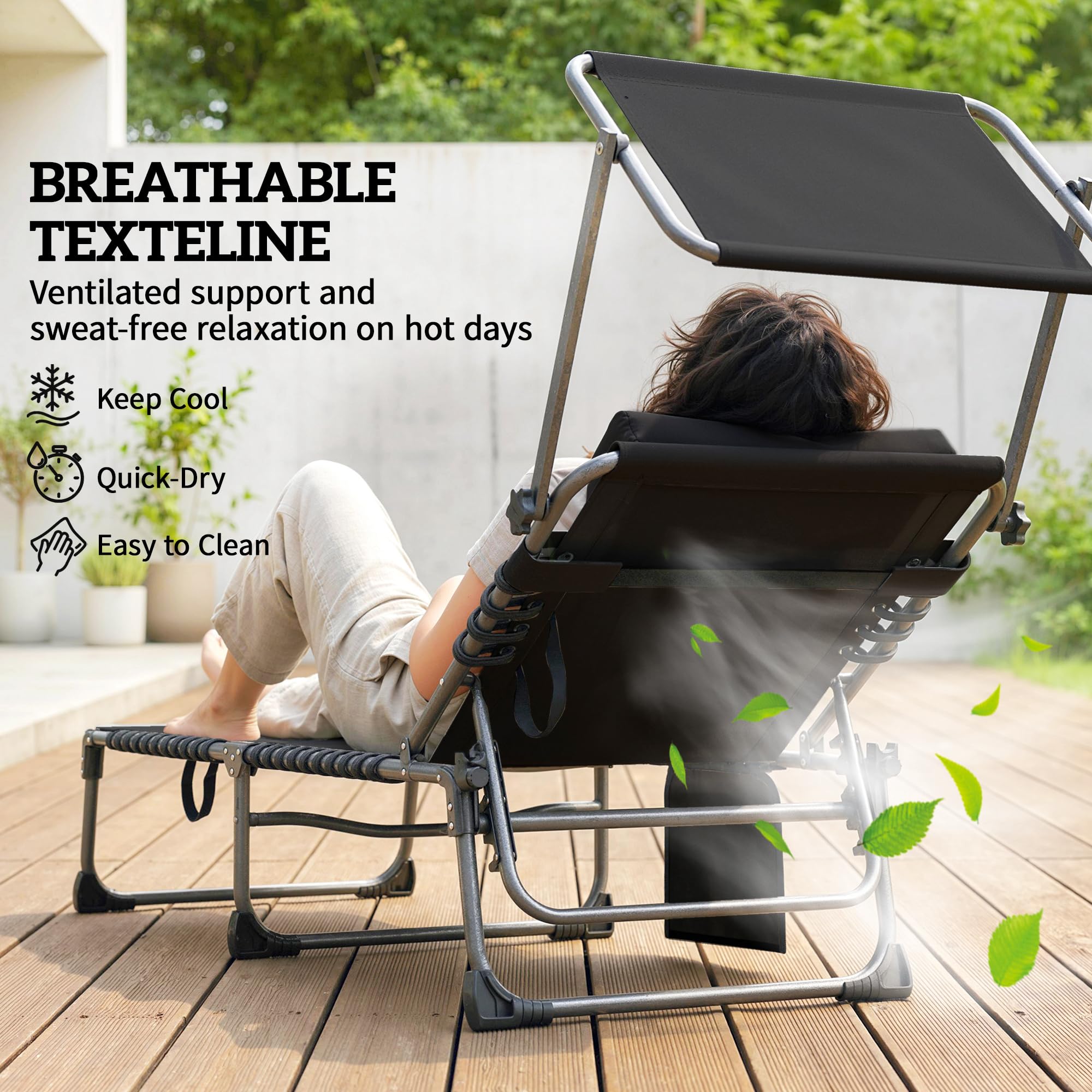 Outsunny Folding Sun Loungers Set of 2 with Canopy, 5-Position Reclining Garden Lounger, Side Pocket, Headrest, Cushions, Portable Recliner Sunbed with Carry Handle for Camping Beach Patio, Dark Blue — view 7