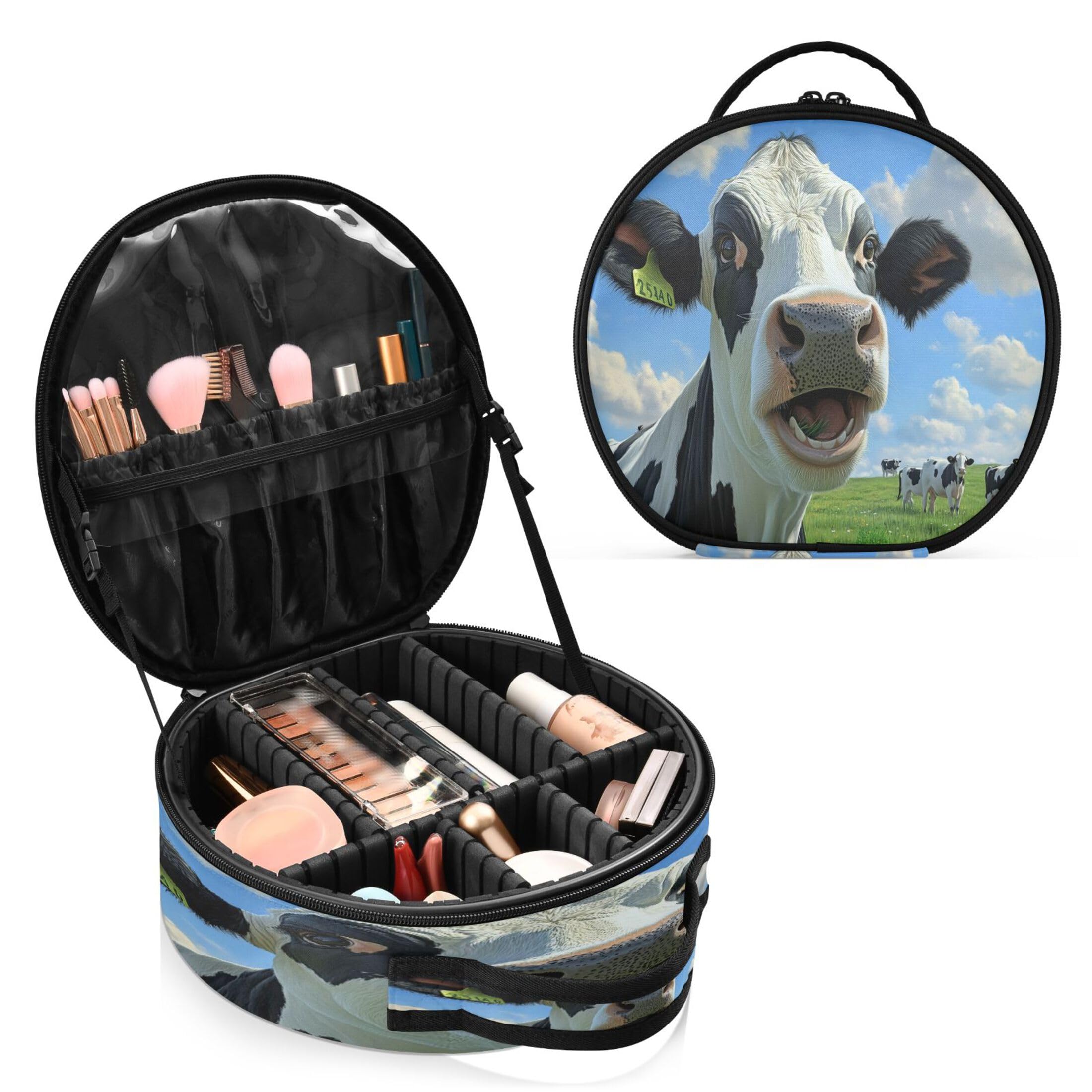 Takiito Cow Travel Makeup Case Portable Makeup Box Artist Cosmetic Case Organizer With Adjustable Dividers