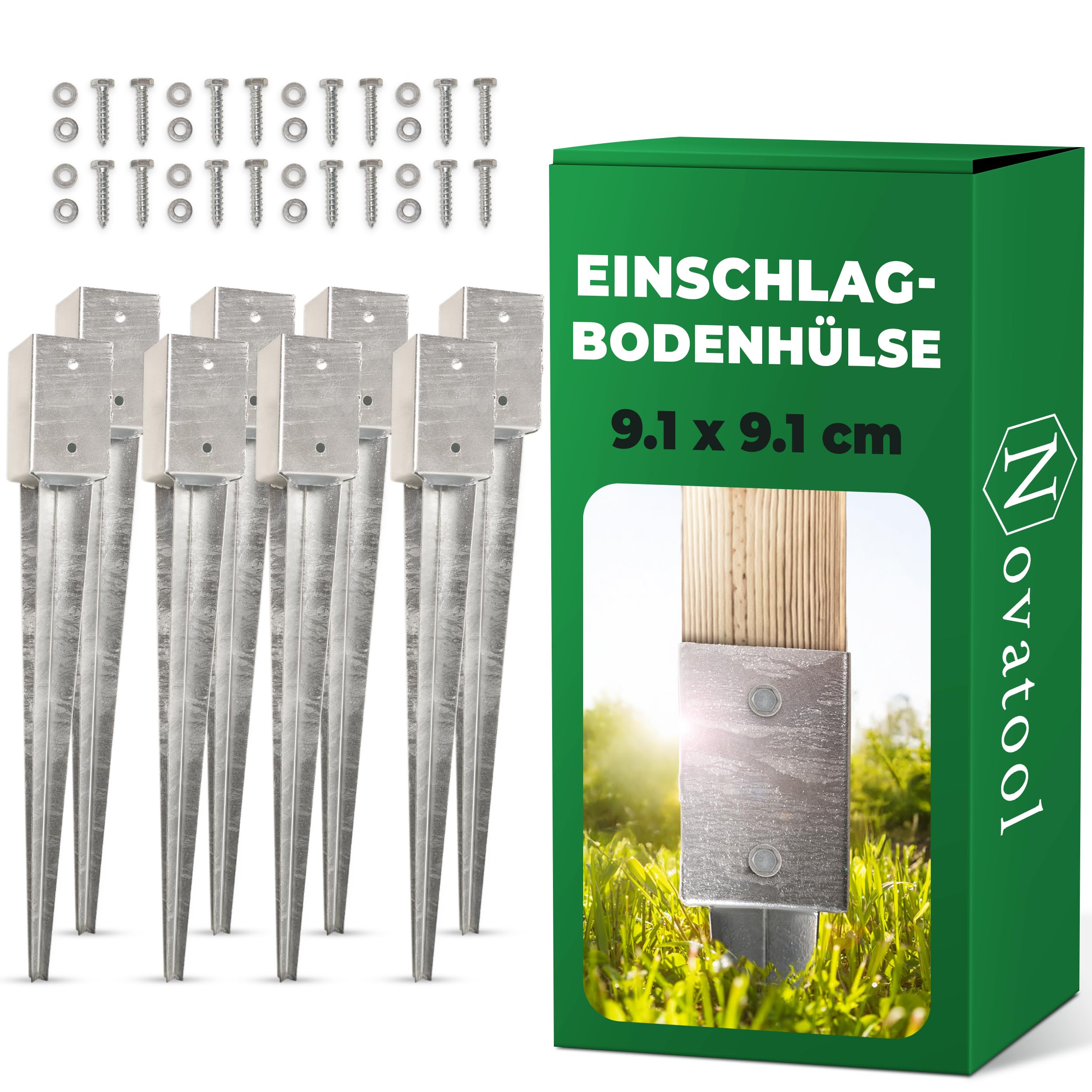 Novatool Set di 8 manicotti per pavimento, 91 x 91 x 750 mm, manicotto per ombrellone, pali in legno, picchetto di ancoraggio a terra, zincato, con viti