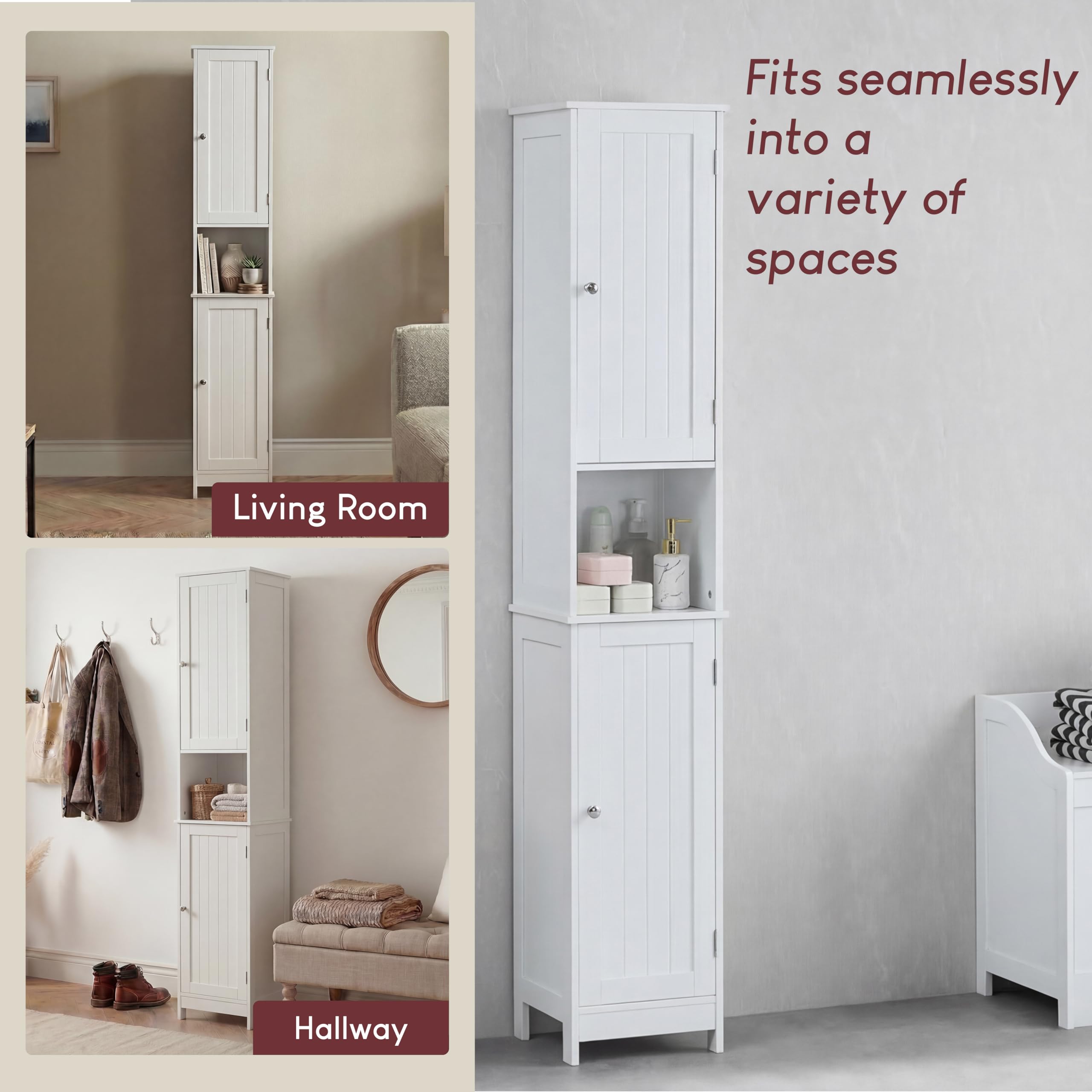 Bath Vida Priano Armoire de Salle de Bain avec Placard de Rangement sur Pied en Bois Blanc