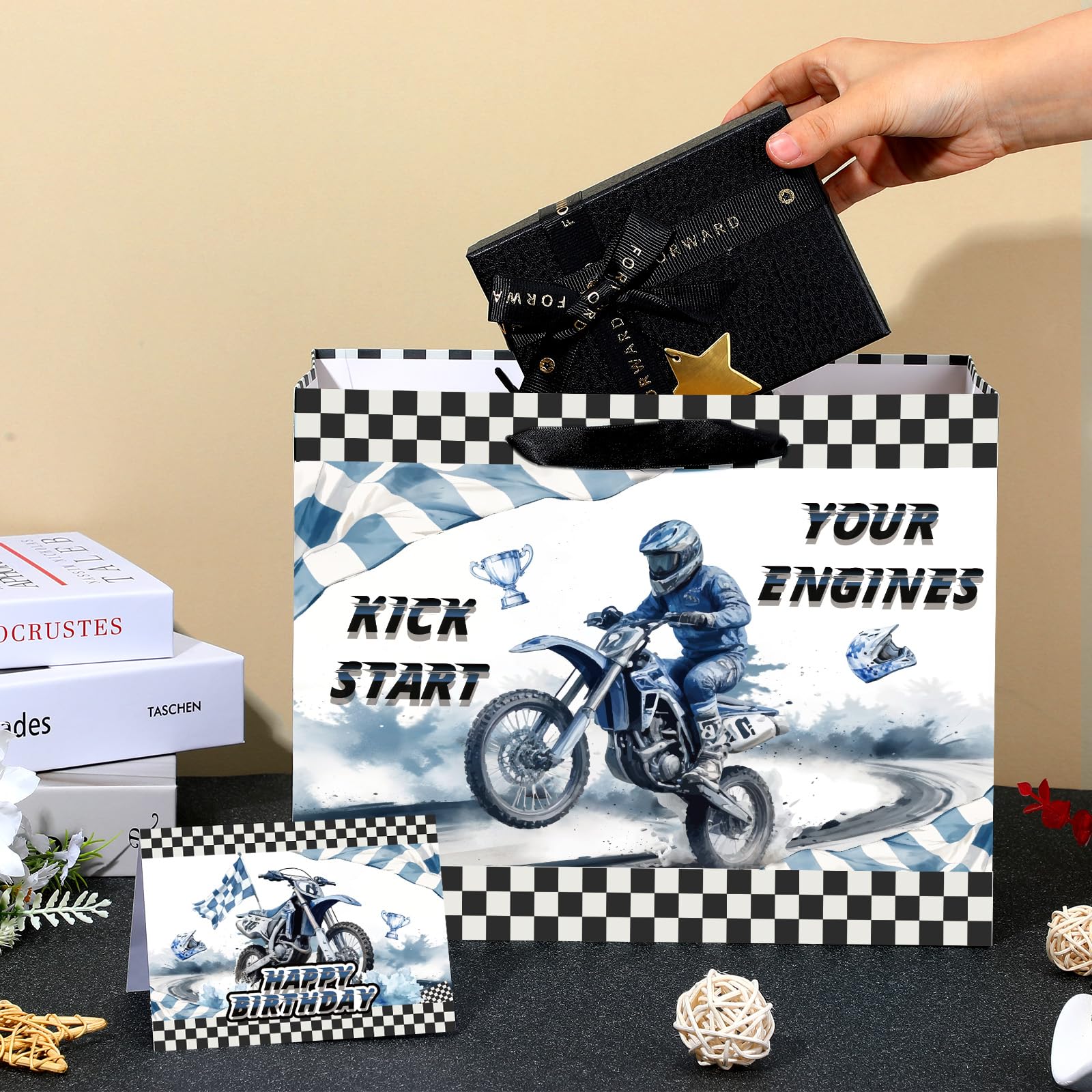 Yomaiha Dirt Bike Birthday Gift Bag for Boys Motocross Motorbike Wrapping Paper with Tissue Paper Greeting Card for Dirty Bike Birthday Party Decoration Supplies