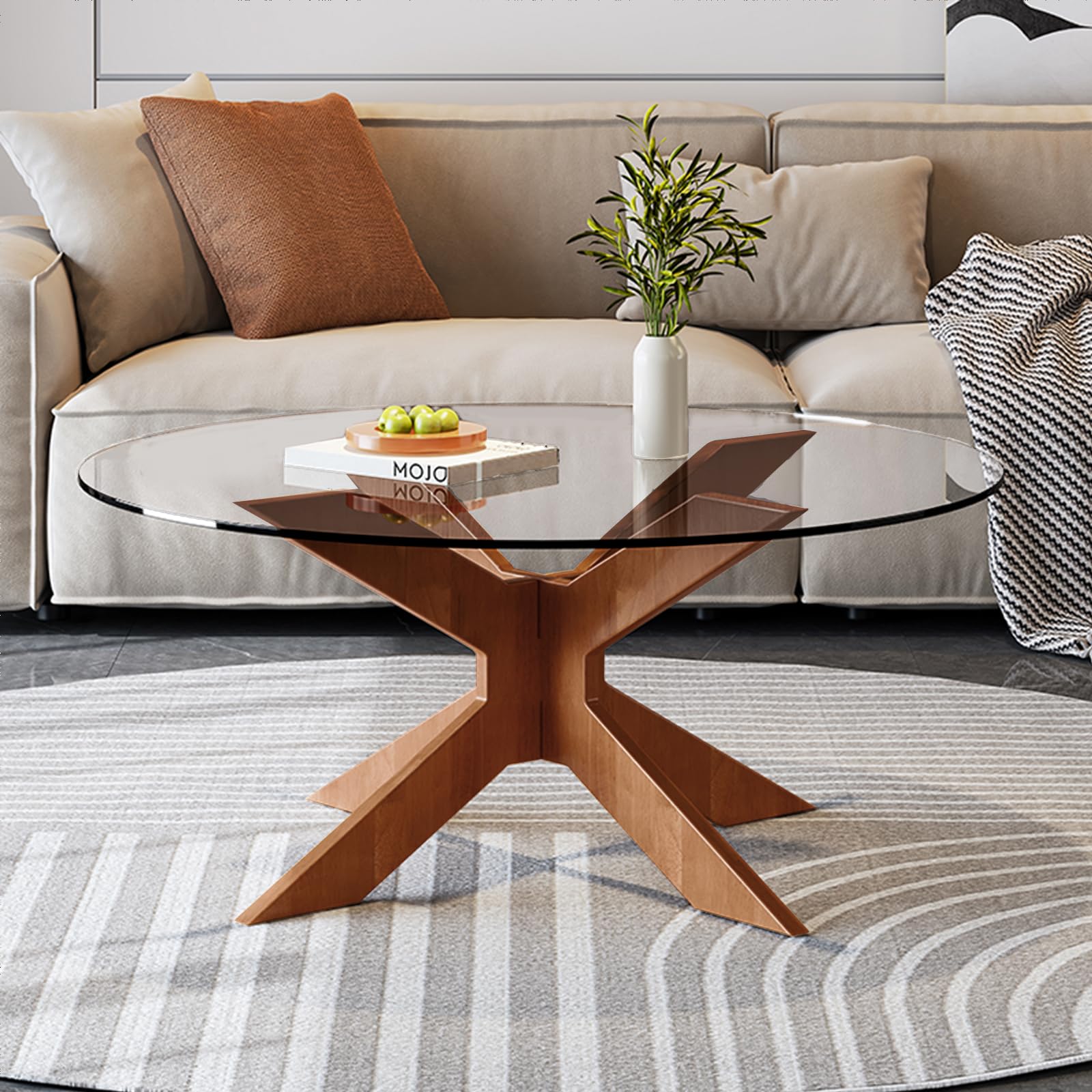 maxant Round Glass Coffee Table, Center Table with Stylish X-shaped Solid Wood Base and Thickened Tempered Glass, Side Table, for Living Room Home Office (Fully Transparent, 70 * 70 * 35cm)