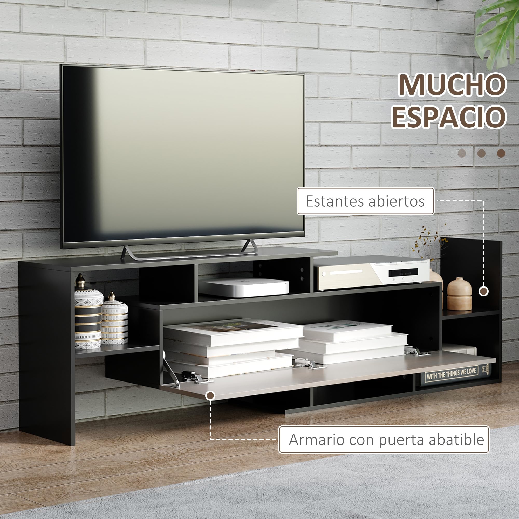 HOMCOM Muebles de Salón Conjunto Muebles de TV para Televisiones de Pared hasta 65" o de Pie hasta 40"con Mesa para Televisor 153,6x25x42 cm y Estante de Pared 150x14,5x16,3 cm Negro y Marrón