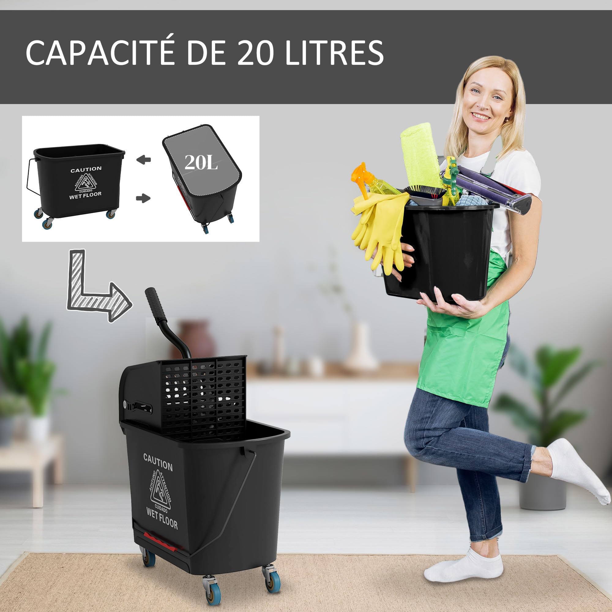 HOMCOM Wózek do czyszczenia wiadro domowe 20 l z wyciskarką i separatorem brudnej wody czarny 60 l x 27 l x 70,5H cm