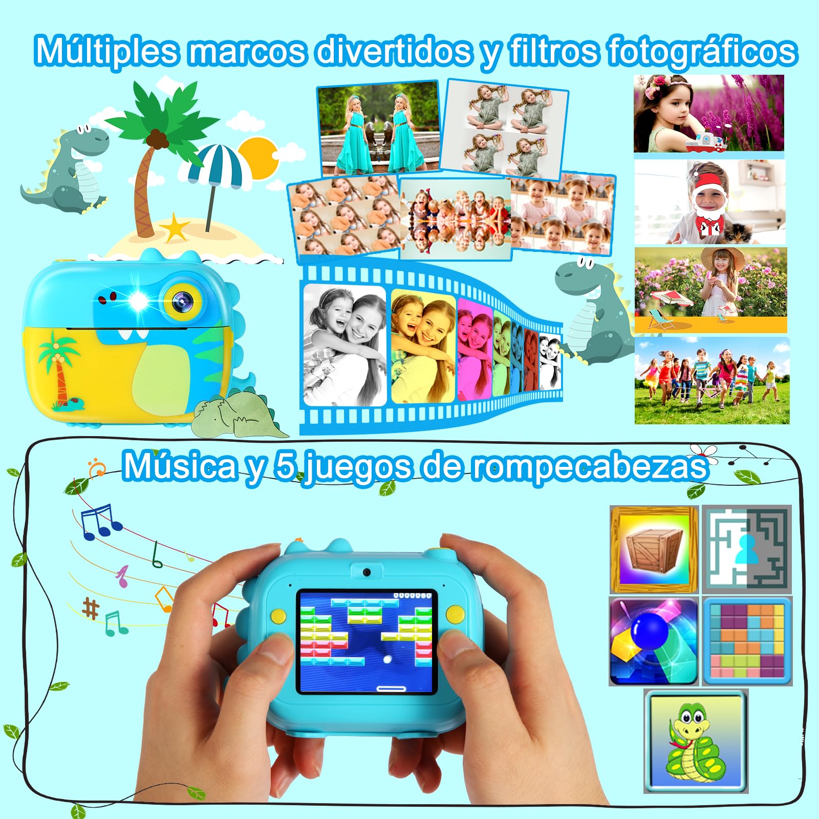 ARNSSIEN Camara Fotos Infantil Instantanea con 7 Rollos de Papel, 2,4 ’‘ Camara Fotos Infantil con Vídeo HD 1080P, Regalo cumpleaños Navidad para niñas y niños de 3 a 12 Años, M3