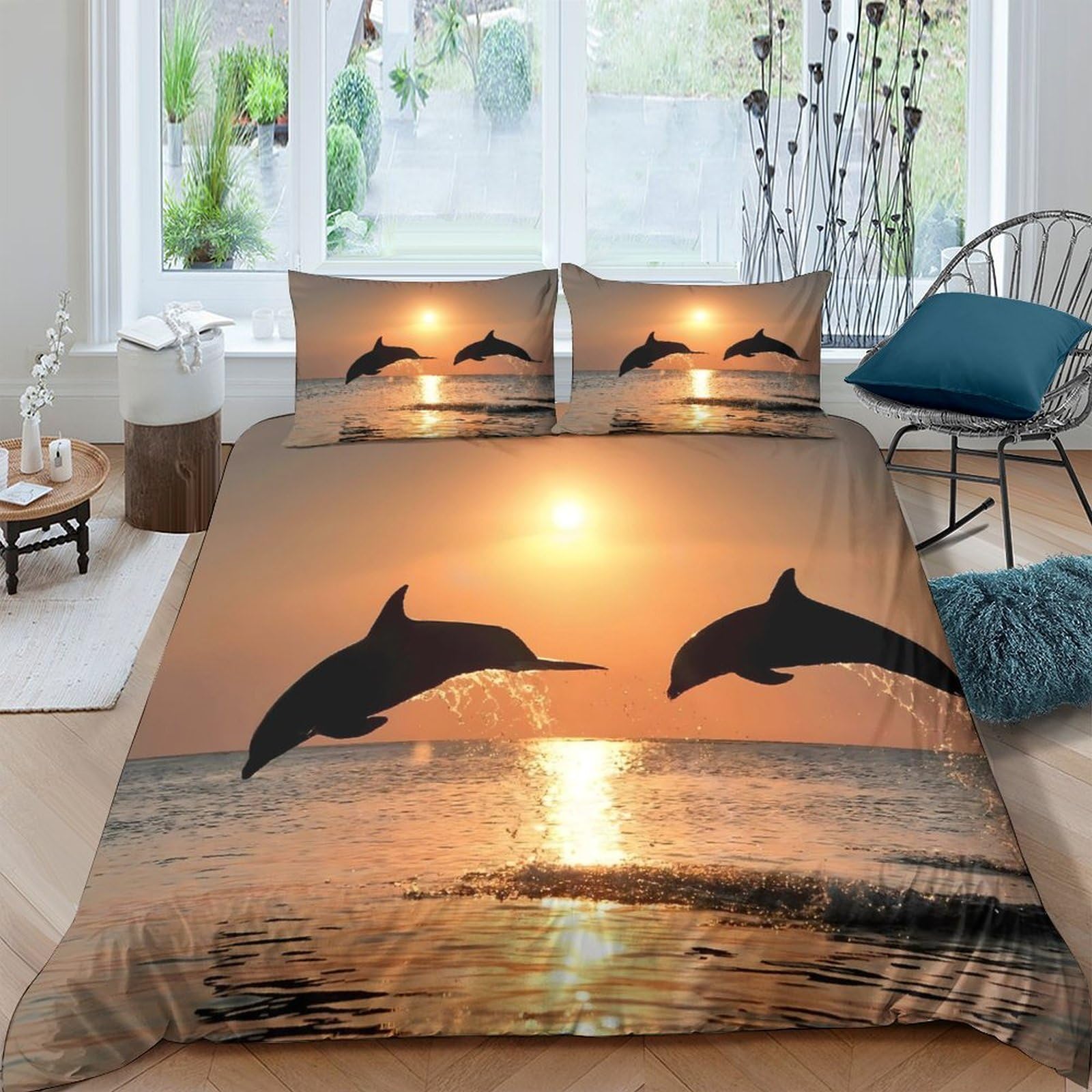 P5V6M1Q9 3D Printed Sunset Dolphin Duvet Cover Microfiber Soft Breathable Ocean Wave Bedding Set with 2 Pillowcases for Bedroom Decor Single（135x200cm）