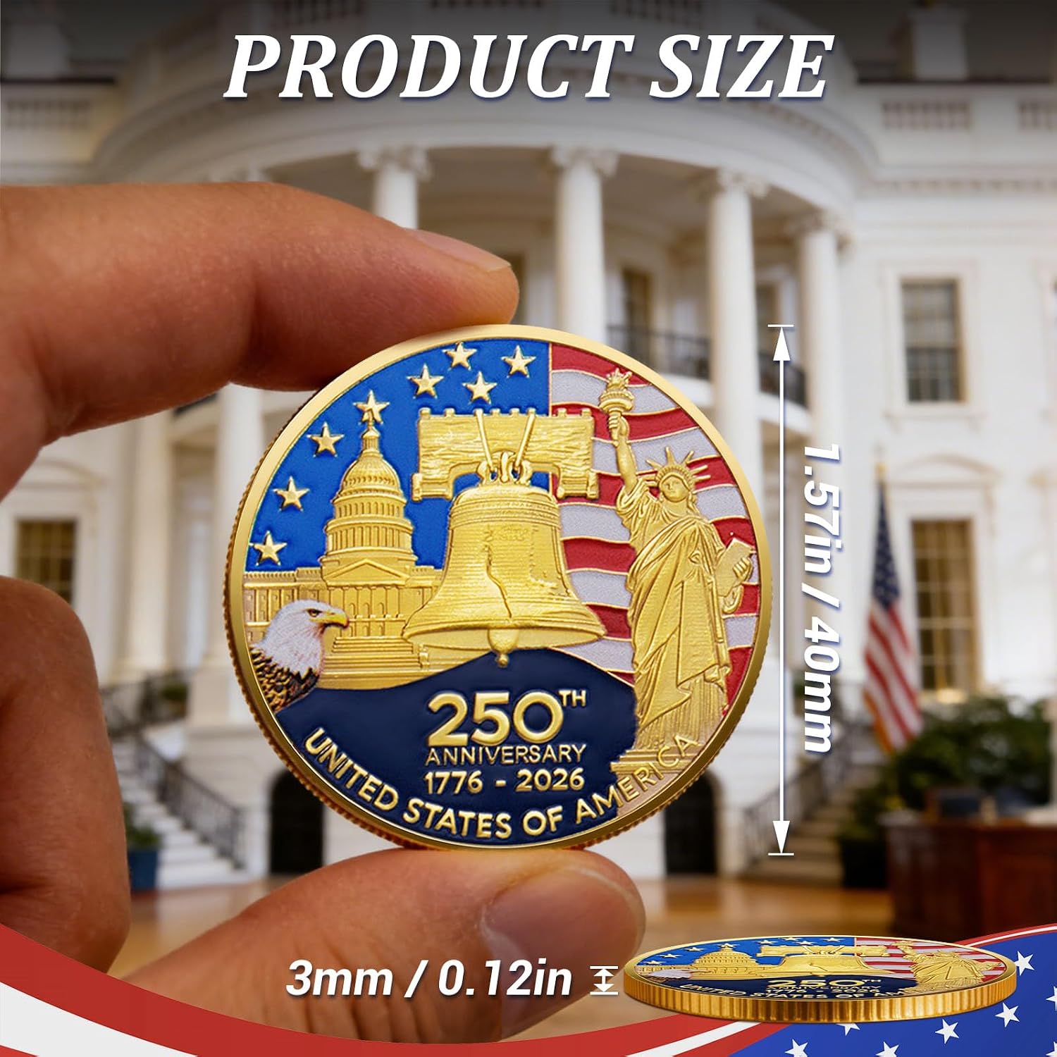 USA 250th Anniversary Commemorative Coin 1776-2026, America 250 Patriotic Challenge Coin, Double-Sided Collectible Token with Liberty Bell & American Eagle, US 250th Anniversary Souvenir Gift(3PCS) image 3
