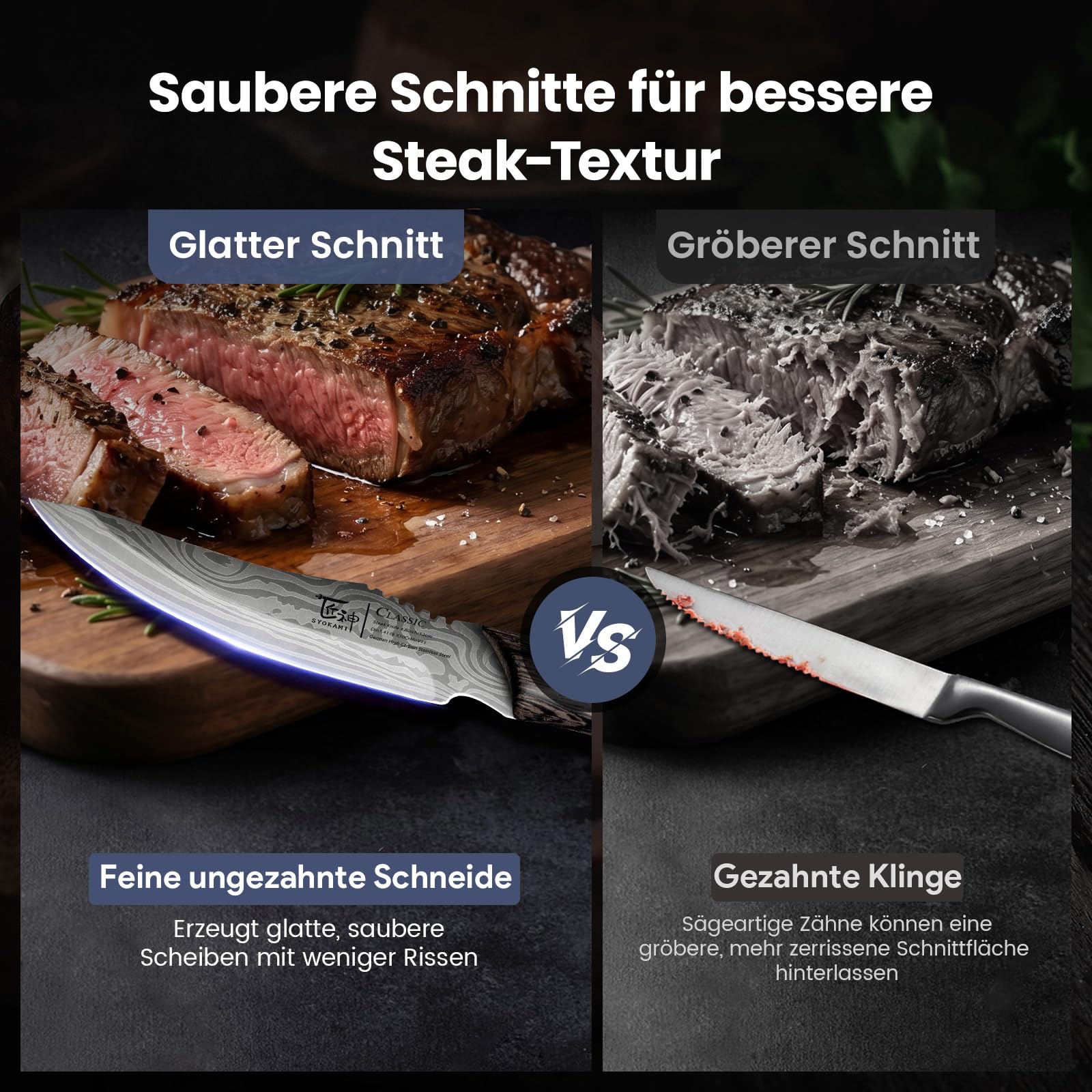 SYOKAMI Holz-Steakbrett-Set mit 1 glatten Steakmesser und 1 Gabel