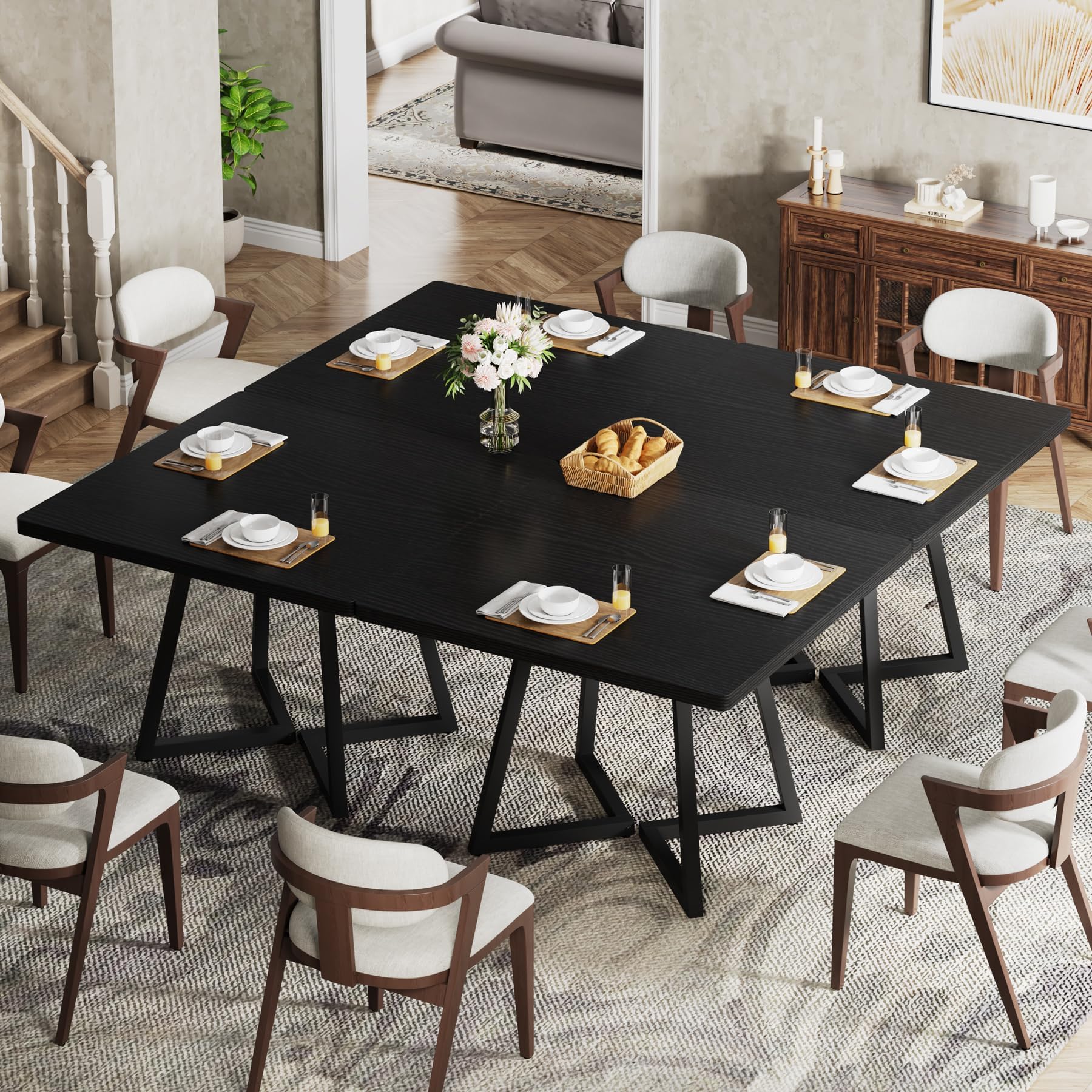 Square Dining Table, 31.5" Industrial Dinner Table with Metal Base, Kitchen Table for Dining Room, Small Space, Apartment, Black (4pcs)