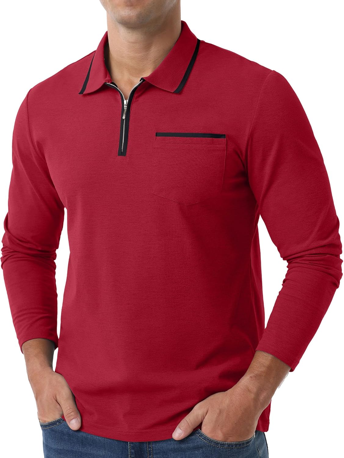 Askdeer Men's Polo Shirts Zip Long Sleeve Classic T-Shirts Casual Golf Shirts Stylish Collared Tee - Image 3