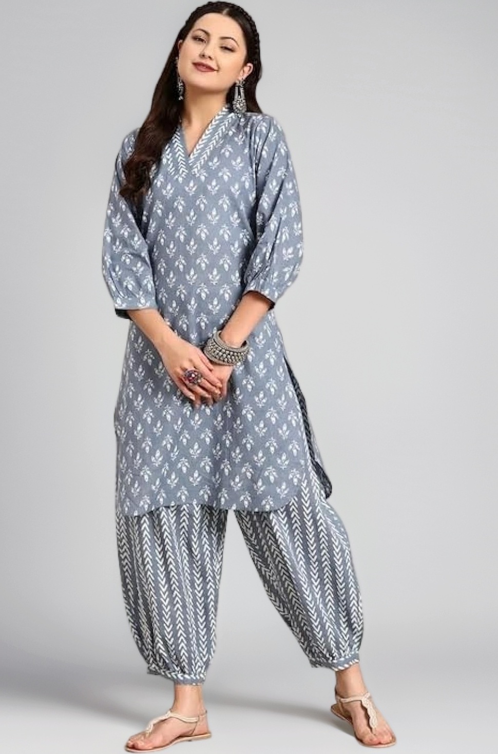 Women's Trendy Printed Cotton Blend Straight White Color Kurta and Afghani Pant Set