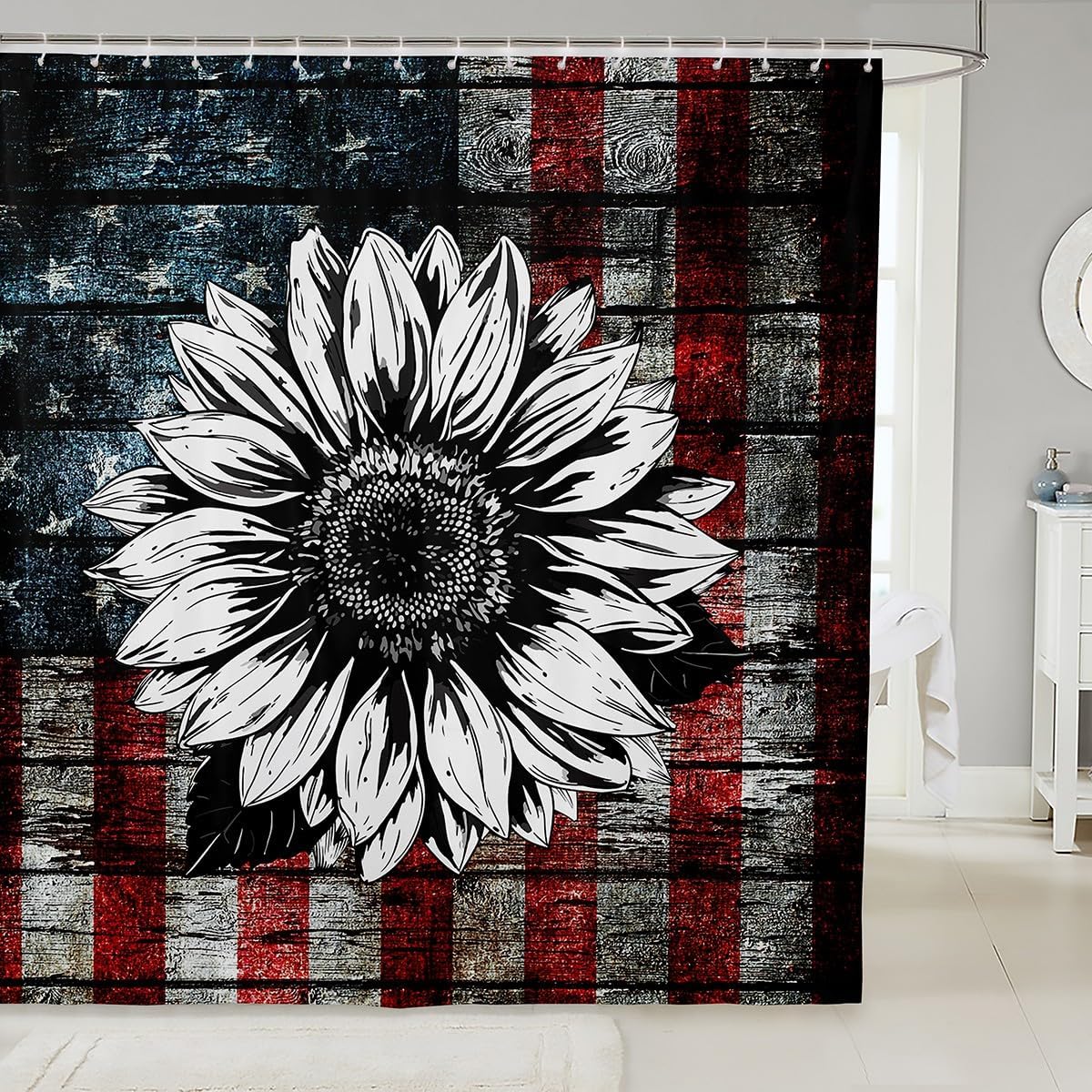 Retro American Flag Bath Curtain Black White Sunflower Shower Curtains Set with Hooks Stars Red Blue Stripes Shower Curtain For Kids Adults Vintage USA Flag Waterproof Fabric Bathroom Decor 72x78 Inch