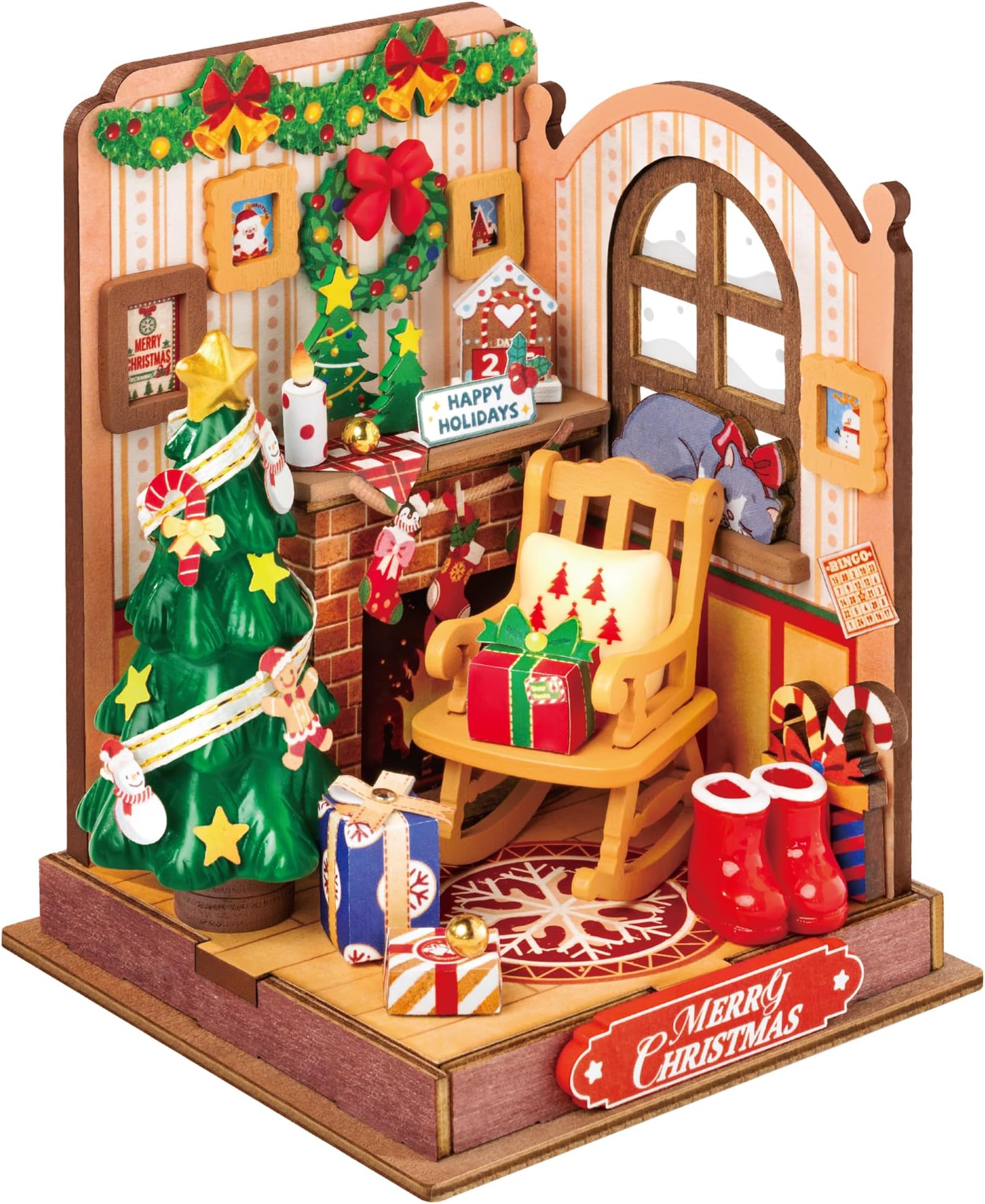 Rolife DIY Miniature House Kit Dollhouse Wooden Model Kit Christmas Dolls House Age 14+ with Christmas Tree and Furniture Birthday Gift for Children and Adults (Christmas Fireplace)