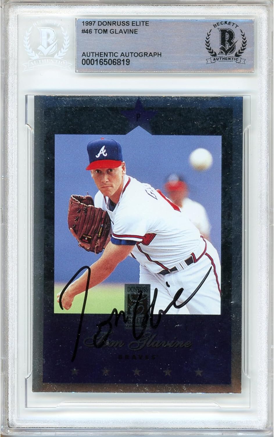 Tom Glavine Autographed 1997 Donruss Elite #46 Baseball Trading Card Slab Beckett BAS Authentic Slabbed COA Played For Atlanta Braves MLB